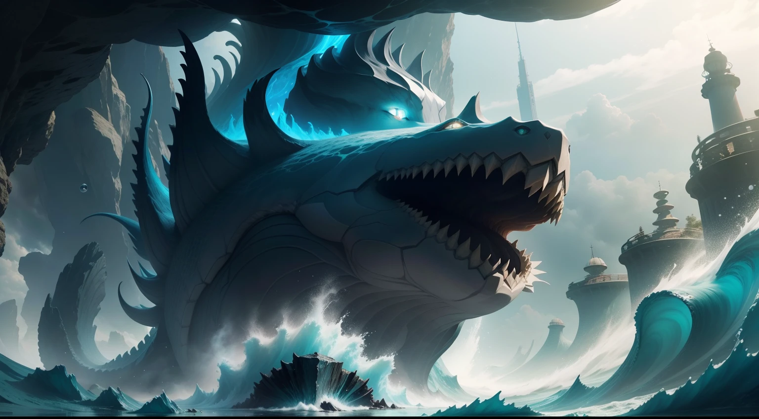 Leviathan of the Deep A huge creature with skin is extraordinarily dark abyssal from the deep sea, eyes that shine like underwater lighthouses he has the appearance of a kaiju and is on the bottom of the sea, swimming from under the water,, diving.