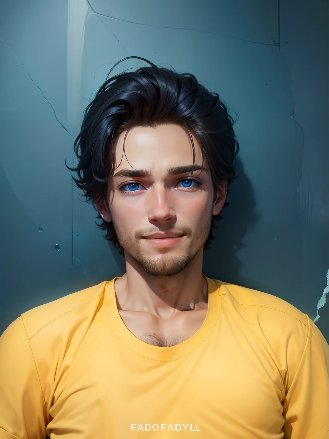 A boy and reyalastic face and smile faca blue eyes ,and Ebro in red line