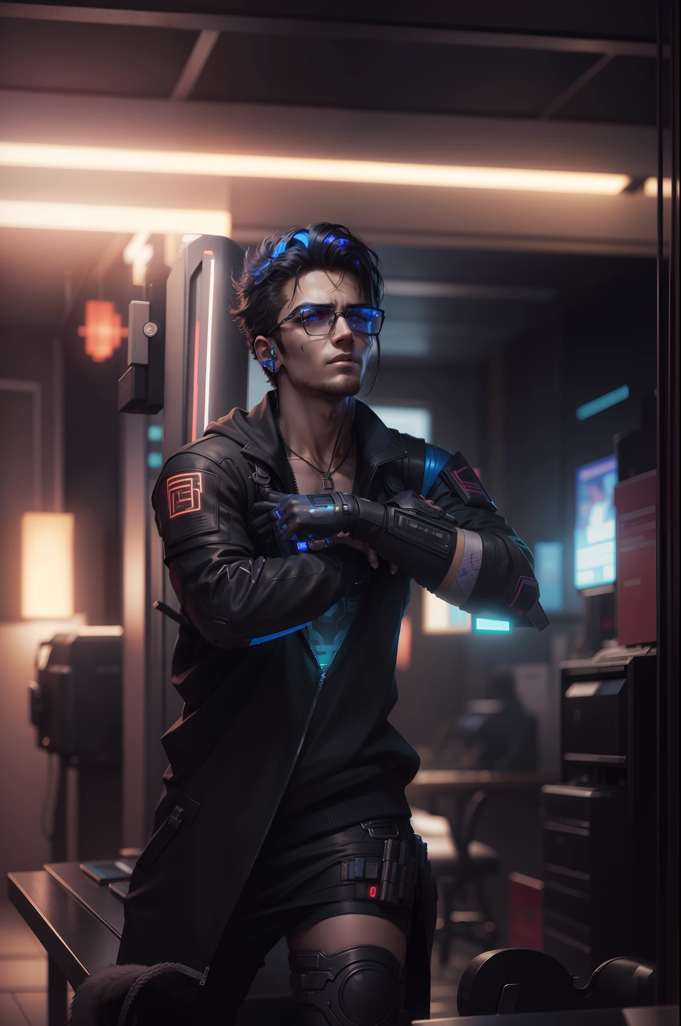 anime boy standing, Clip Studio Paint EX, charlie bowater, astropunk, diesel punk outfit, dark academia interior design, ludwig mies van der rohe, riad architecture --auto --s2