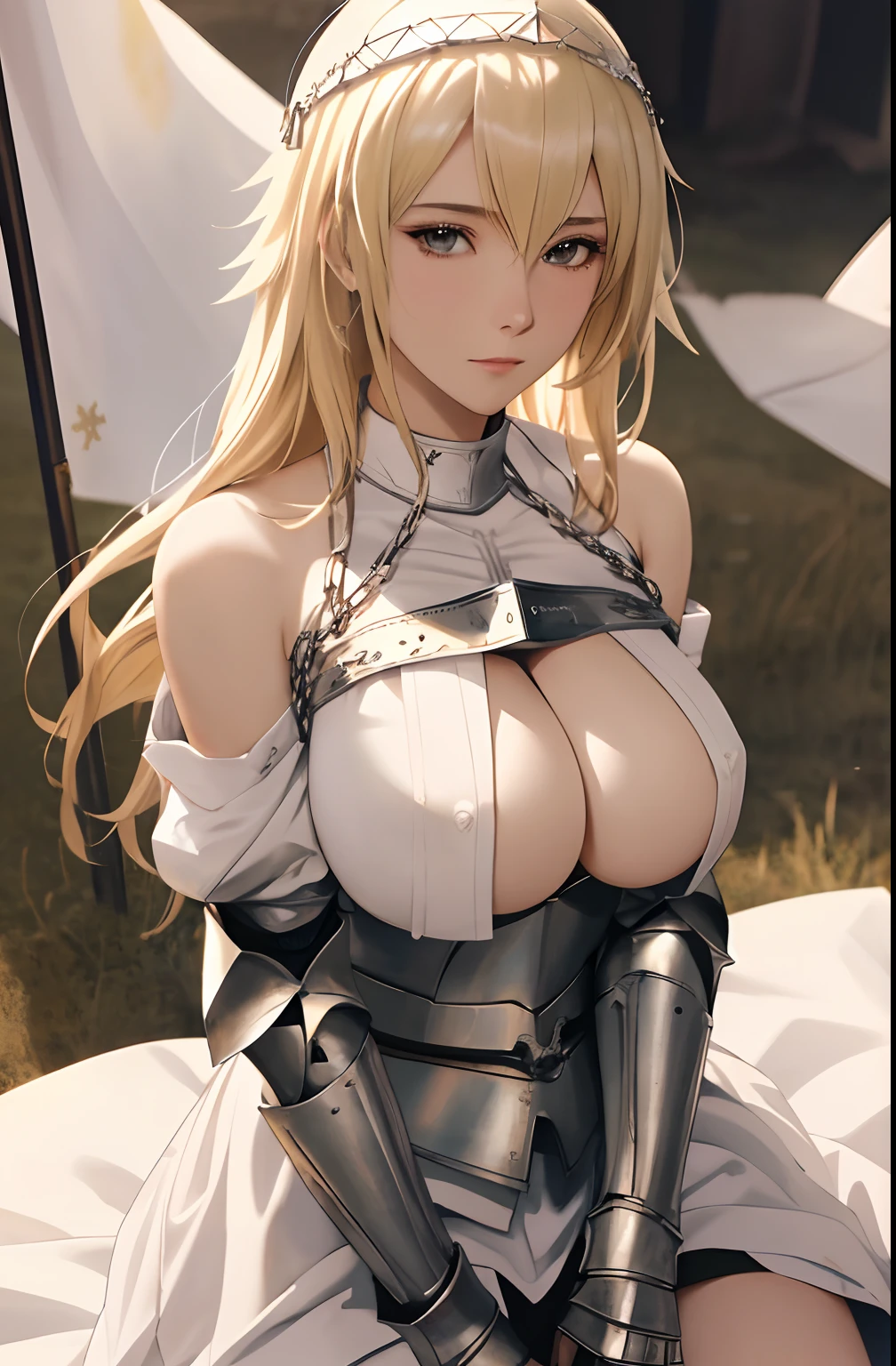 best quality, masterpiece,highly detailed,anime,1girl, adult face, mature face, mature female, mature woman, mature beauty, adult blonde, mature blonde,upper body,(jeanne d'arc),big breasts, large breasts, breast size 95cm, huge breasts, perfect face,blond hair,long hair,(white clothes),(bare shoulder),armored dress,no armor on breasts,breasts covered by white clothes from above,chain,headwear,flag,battlefield in background,depth of field,looking at viewer,cinematic lighting,