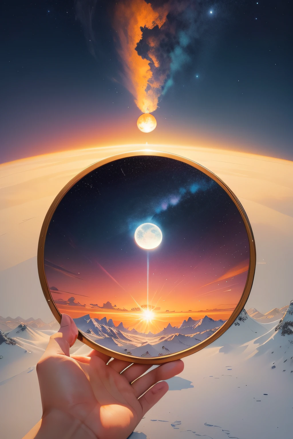create an illustration of The mandala, rodeada por uma paisagem de picos nevados, o sol nascendo no horizonte, Creating golden tones in the sky, an atmosphere of peace and spiritual enlightenment, illustration, watercolor technique, --AR 16:9 --V 5