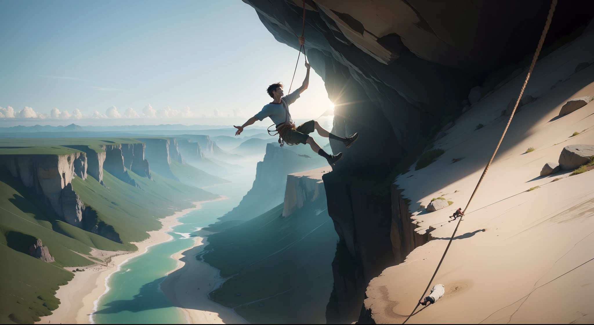 Man climbing off the cliff with one hand outstretched and with a rope tied at the waist and the other end of the rope tied on a YouTube channel. And at the top of the precipice, a lot of people reaching out.