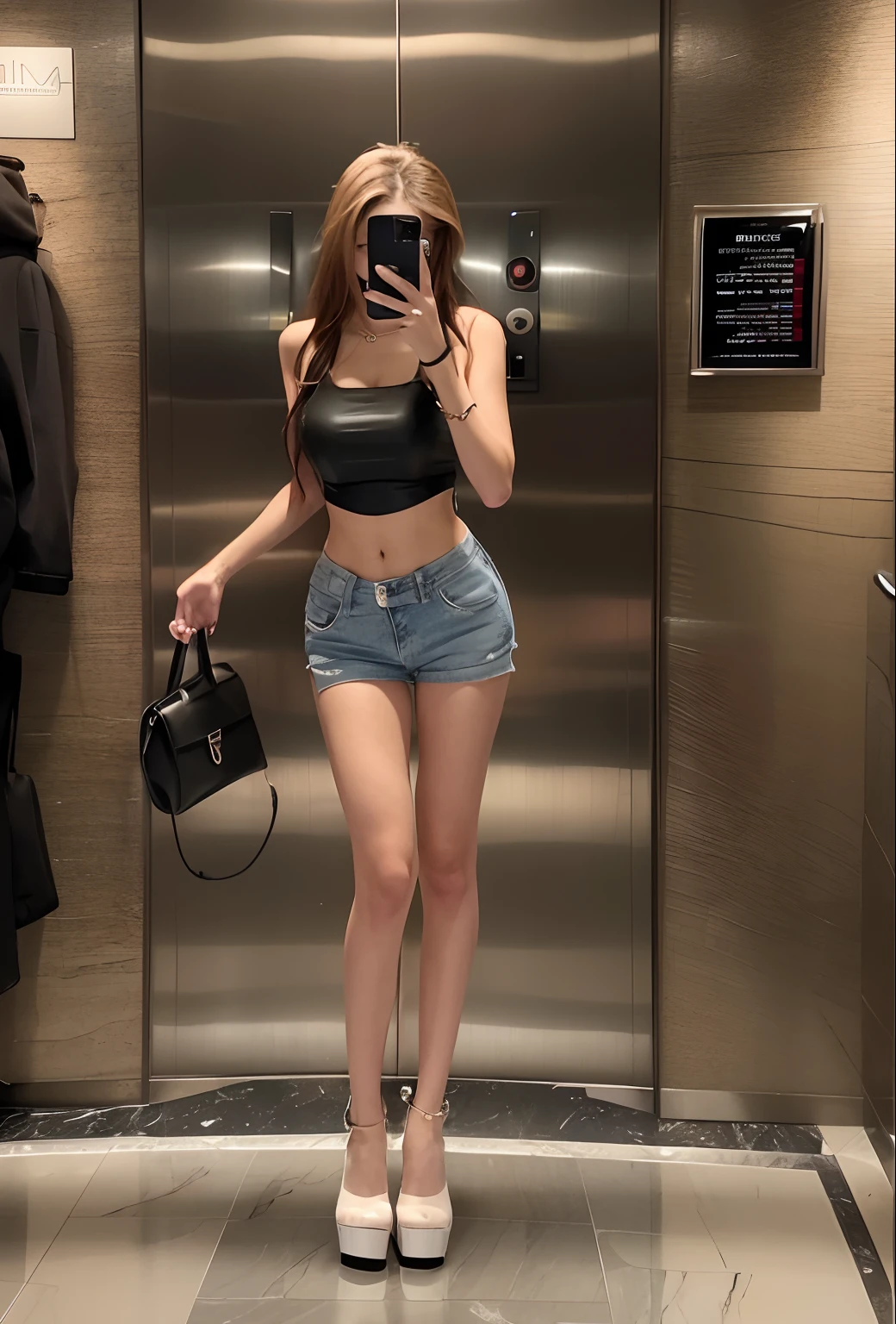 Woman taking a picture of herself in an elevator with her mobile phone, photo of slim girl, photo of slim girl model, 2 4 year old female model, skinny waist and thick hips, Thin waist, Sexy look, very sexy outfit, Sexy style, wearing sexy cropped top, Good hips and long legs, Sexy girl, full body cute young lady