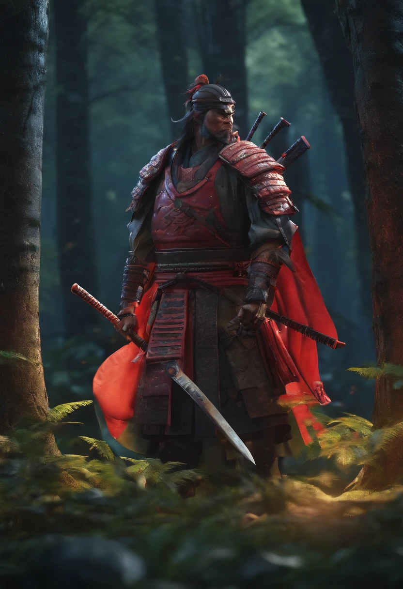 Samurai, standing in dark forest
