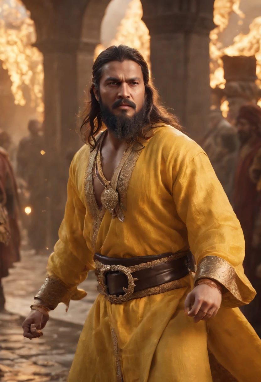 An Indian king, with a green turban on head, big blue jewel on the turban, big mustache, big white beard, fat big body, yellow dress, wearing a lot of gold ornaments, 2 ladies in the back, white marble on the floor (Professional 3D rendering:1.3) by (Realistic:1.3) World's most beautiful art picture, Features soft, dark complexation male heroes, ((Epic hero fantasy rough muscular fat man wet hero angry look long hair long beard and fierce expression in dynamic pose, wearing a yellow robe, inside a big kingdom, burning fire in the background, majestic environment)), full body 8k unit render, action shot, skin pores, very dark lighting, heavy shading, detailed, Detailed face, (vibrant, photorealistic, Realistic , Dramatic, Dark, sharp focus, 8k), (yellow cloths with heavy jewelry r:1.4), (intricate:1.4), decayed, (highly detailed:1.4), painting digital, rendering by octane, art stations, Concept-Art, smooth, sharp focus, illustration, germ of art, (Loish:0.23), Wlop Ilya Kuvshinov, and Greg Rutkowski and Alphonse Mucha Gracias, (global illumination, studiolight, Light Volumetric ), heavy rain, floating particles, scoundrel, fantasy, Eleven, full bodyesbian, ((Dark old city background:1.3)),CGSesociedade,art stations