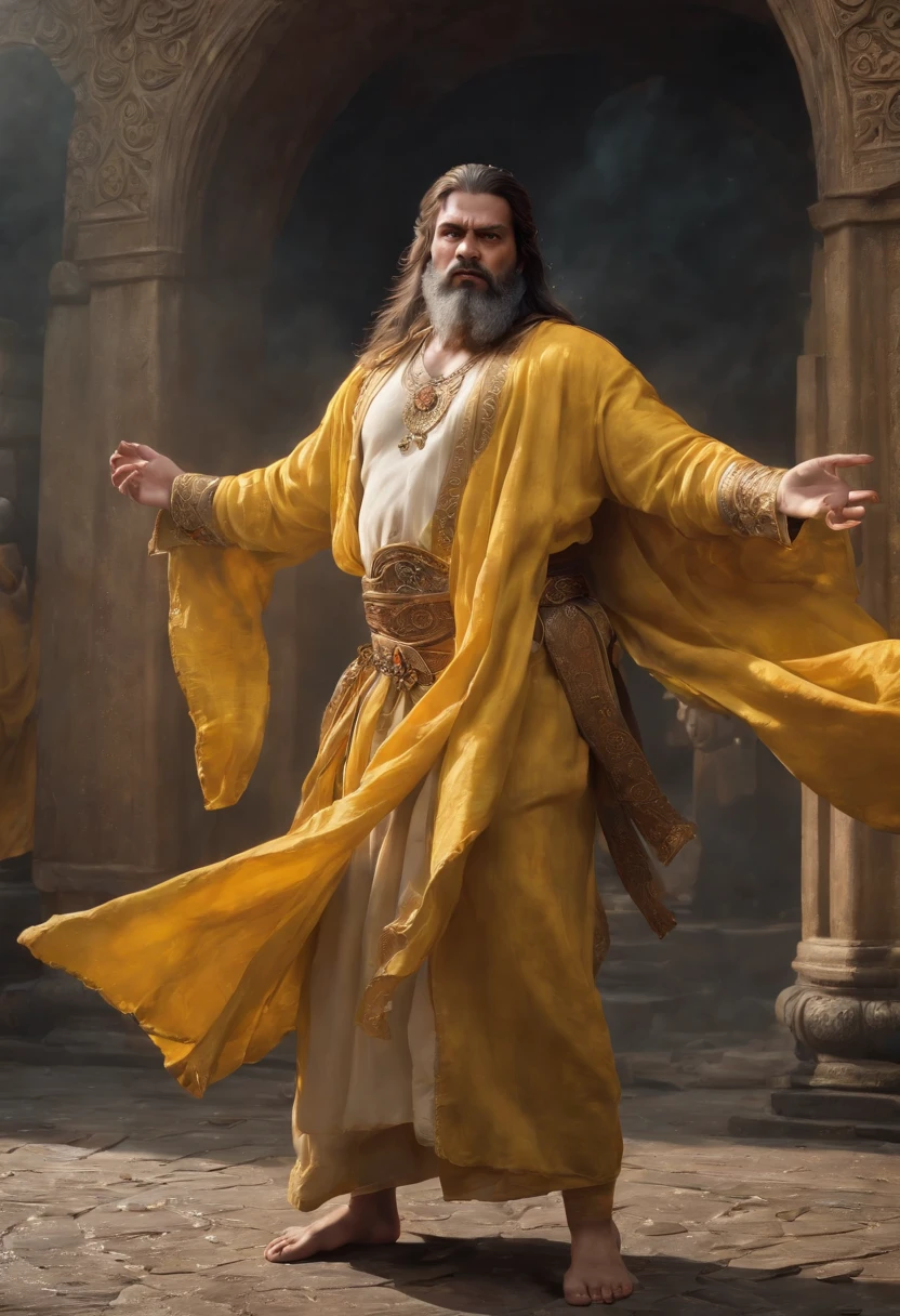 An Indian king, with a green turban on head, big blue jewel on the turban, big mustache, big white beard, fat big body, yellow dress, wearing a lot of gold ornaments, 2 ladies in the back, white marble on the floor (Professional 3D rendering:1.3) by (Realistic:1.3) World's most beautiful art picture, Features soft, dark complexation male heroes, ((Epic hero fantasy rough muscular fat man wet hero angry look long hair long beard and fierce expression in dynamic pose, wearing a yellow robe, inside a big kingdom, burning fire in the background, majestic environment)), full body 8k unit render, action shot, skin pores, very dark lighting, heavy shading, detailed, Detailed face, (vibrant, photorealistic, Realistic , Dramatic, Dark, sharp focus, 8k), (yellow cloths with heavy jewelry r:1.4), (intricate:1.4), decayed, (highly detailed:1.4), painting digital, rendering by octane, art stations, Concept-Art, smooth, sharp focus, illustration, germ of art, (Loish:0.23), Wlop Ilya Kuvshinov, and Greg Rutkowski and Alphonse Mucha Gracias, (global illumination, studiolight, Light Volumetric ), heavy rain, floating particles, scoundrel, fantasy, Eleven, full bodyesbian, ((Dark old city background:1.3)),CGSesociedade,art stations