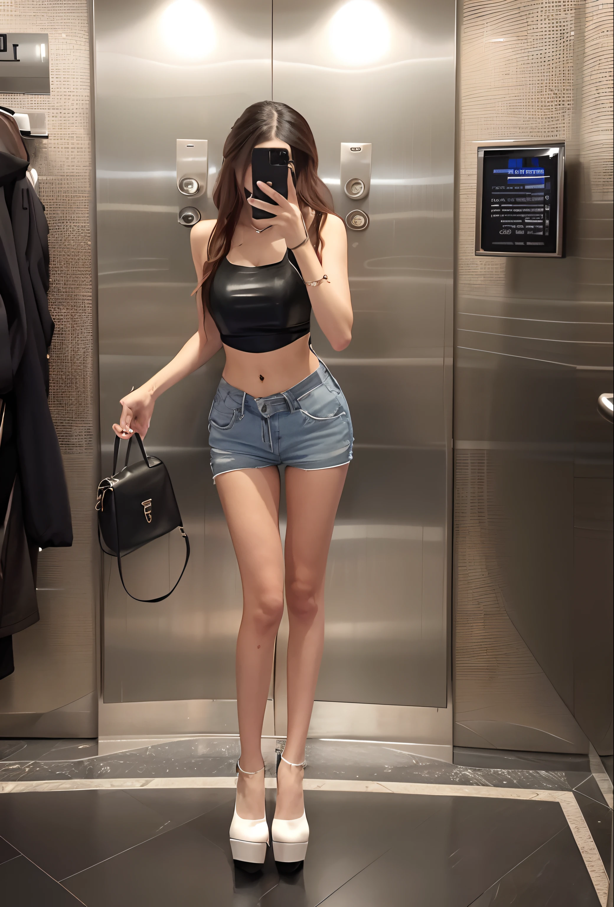 Woman taking a picture of herself in an elevator with her mobile phone, photo of slim girl, photo of slim girl model, 2 4 year old female model, skinny waist and thick hips, Thin waist, Sexy look, very sexy outfit, Sexy style, wearing sexy cropped top, Good hips and long legs, Sexy girl, full body cute young lady