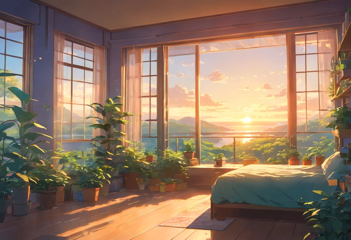 Lia's room where a large window filled with plants is overlooking a breath taking and beautiful nature scenery, sunrise