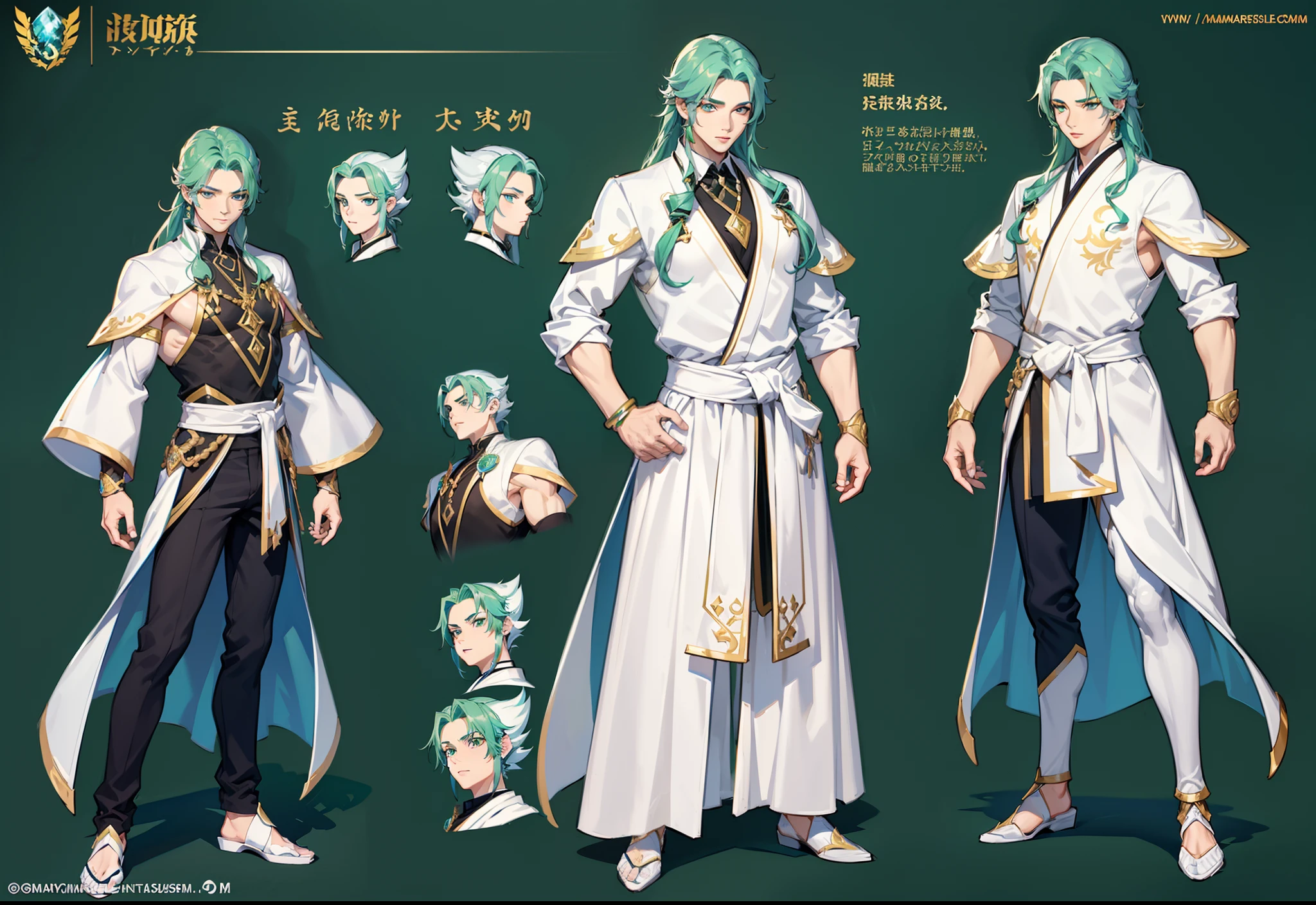 1boy, single, asian boy, reference sheet, character design, front angle, side angle, rear angle, dynamic poses, (masterpiece:1.2), (best quality:1.3), ice fantasy outfit, muscle body, athletic body. (Green eyes), (long hair), (long bangs), (green hair), (pale skin), (reference sheet:1.5), no text, no frame, no watermark