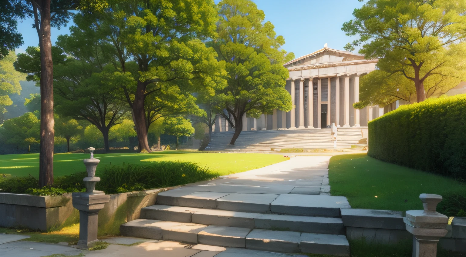 Generate an image capturing the presence of an ancient Stoic teacher within the tranquil landscape of a Stoic Greek school, with a small group of dedicated students surrounding them, engaging in deep philosophical discourse amidst the classical architecture and serene natural environment.