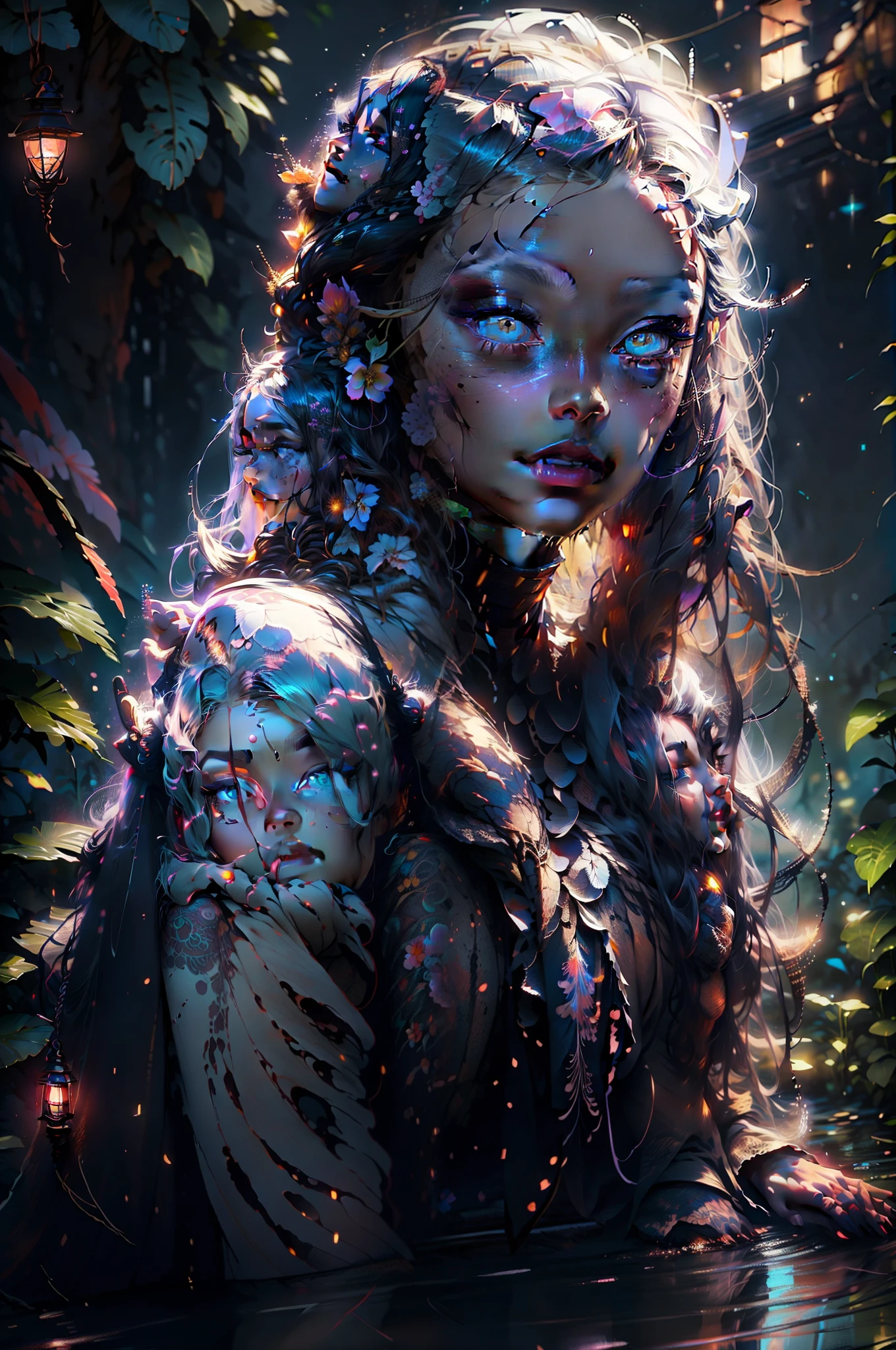 a girl in a garden, night, dark with moonlight, stars shining, soft moonlight, mysterious atmosphere, beautiful detailed eyes, beautiful detailed lips, extremely detailed eyes and face, longeyelashes, medium:oil painting, ultra-detailed, realistic:1.37, vivid colors, surreal, dreamlike, glowing flowers, mystical aura, tranquility, moonlit shadows, peacefulness, serene, magical, ethereal