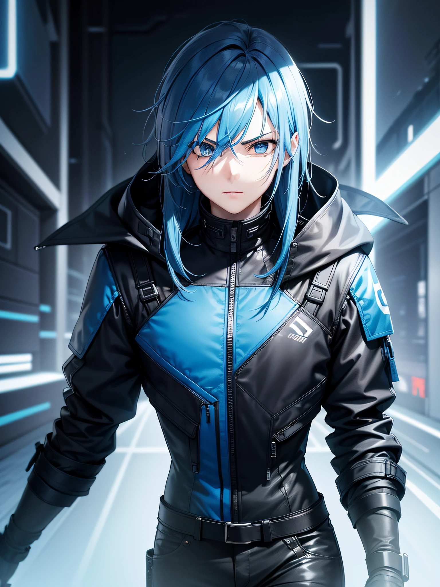8k, expressive clothing, expressive hair, expressive background, 1 male, shoulder-length blue hair, blue eyes, black techwear jacket, black pants, adult, serious, cyberpunk, future