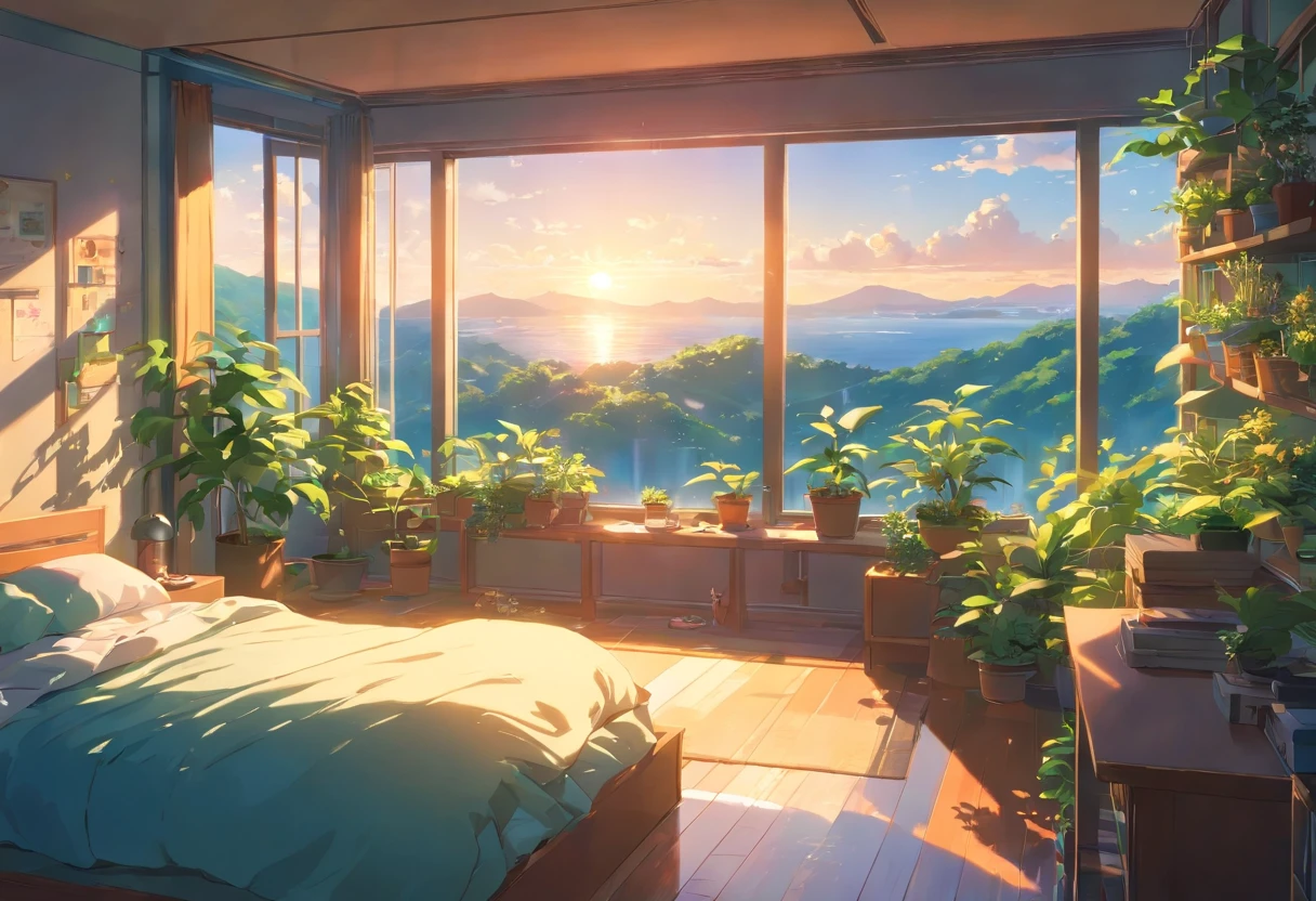 Lia's room where an exremely close up shot of a large window filled with plants is overlooking a breath taking and beautiful nature scenery, sunrise