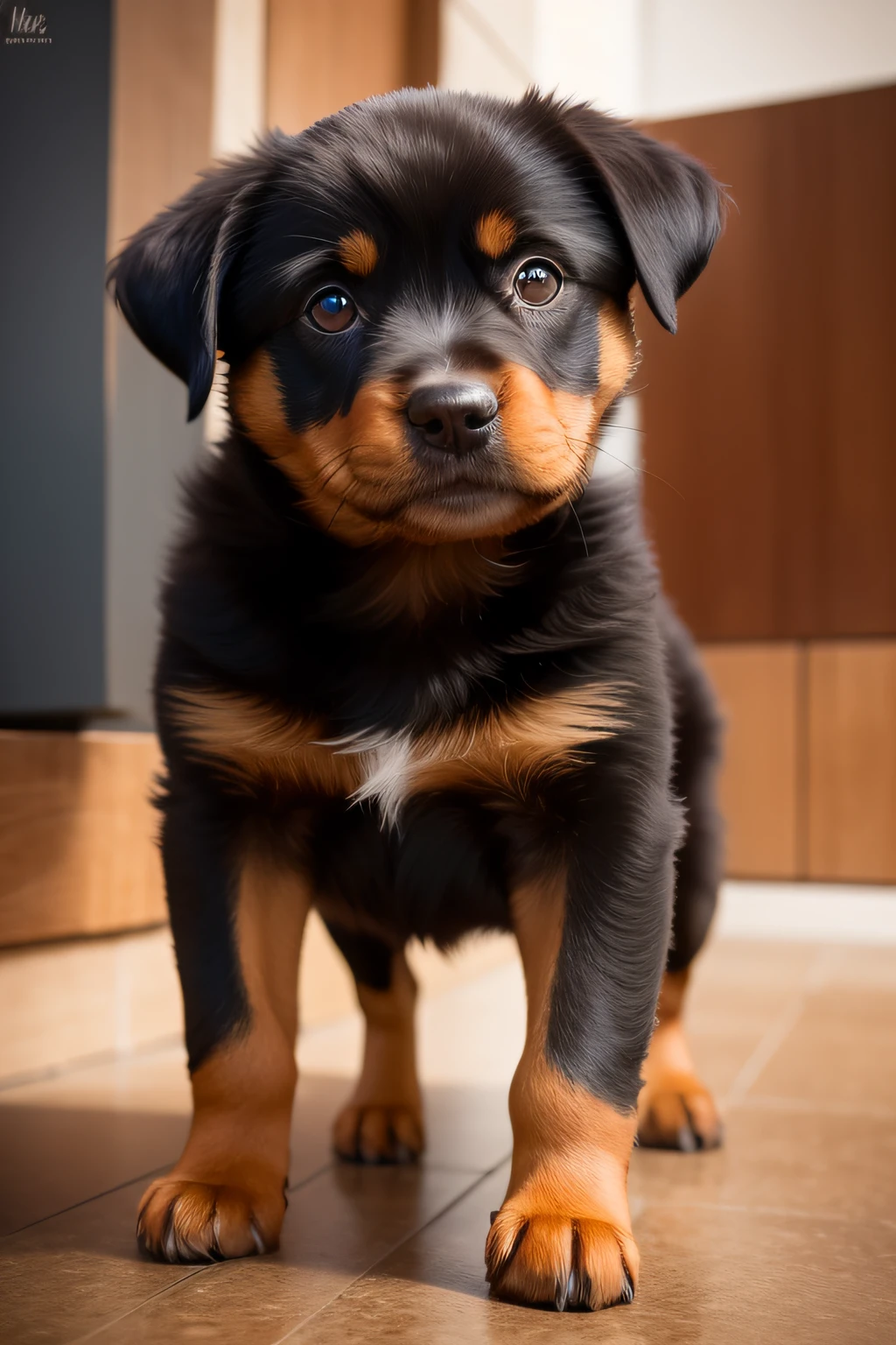 beautiful Rottweiler dog puppy is depicted on an oil canvas, cada pincelada cuidadosamente trazada revela su belleza y encanto. Su suave, Shiny coat blends into warm, Tonos vibrantes, like the gold of the sun that caresses his back and the dark brown that adorns his ears and eyes.. The puppy's gaze radiates joy and tenderness, reflejando la lealtad y el amor incondicional que nos dan nuestras mascotas. Meticulous details highlight his wet and playful nose, its small but strong legs, Listo para explorar el mundo con entusiasmo. In this oil painting, Se captura la esencia de la nobleza canina, Conveying the happiness and deep connection we share with our faithful companions
