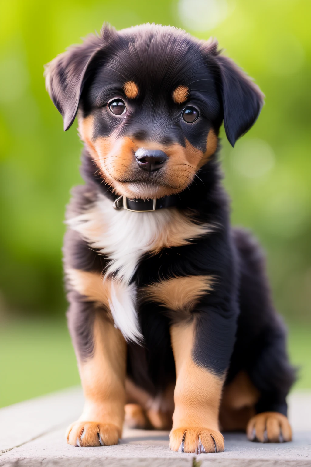 beautiful Rottweiler dog puppy is depicted on an oil canvas, cada pincelada cuidadosamente trazada revela su belleza y encanto. Su suave, Shiny coat blends into warm, Tonos vibrantes, like the gold of the sun that caresses his back and the dark brown that adorns his ears and eyes.. The puppy's gaze radiates joy and tenderness, reflejando la lealtad y el amor incondicional que nos dan nuestras mascotas. Meticulous details highlight his wet and playful nose, its small but strong legs, Listo para explorar el mundo con entusiasmo. In this oil painting, Se captura la esencia de la nobleza canina, Conveying the happiness and deep connection we share with our faithful companions