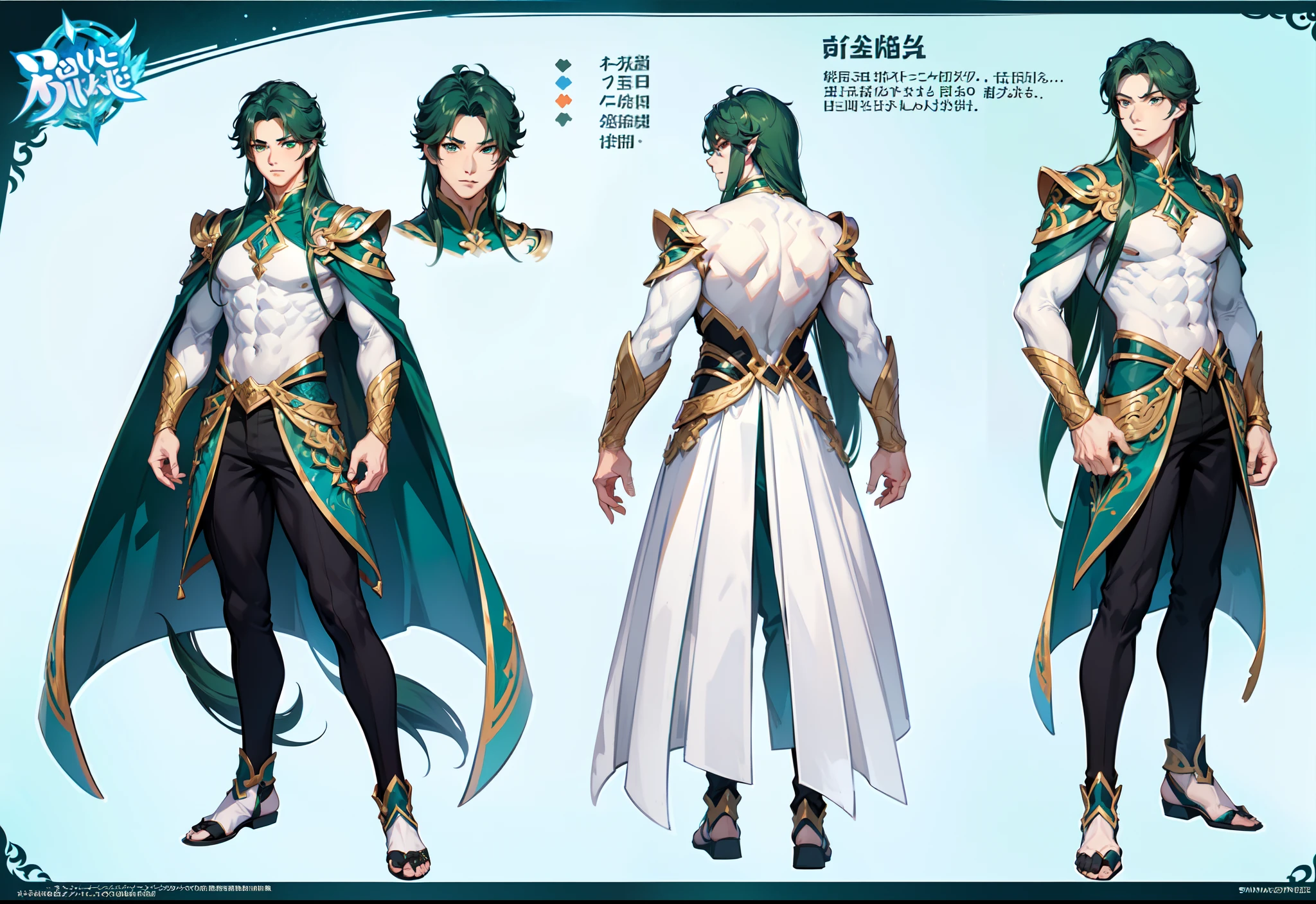 1boy, single, asian boy, reference sheet, character design, front angle, side angle, rear angle, dynamic poses, (masterpiece:1.2), (best quality:1.3), ice fantasy outfit, muscle body, athletic body. (Green eyes), (long hair), (long bangs), (green hair), (pale skin), (reference sheet:1.5), no text, no frame, no watermark