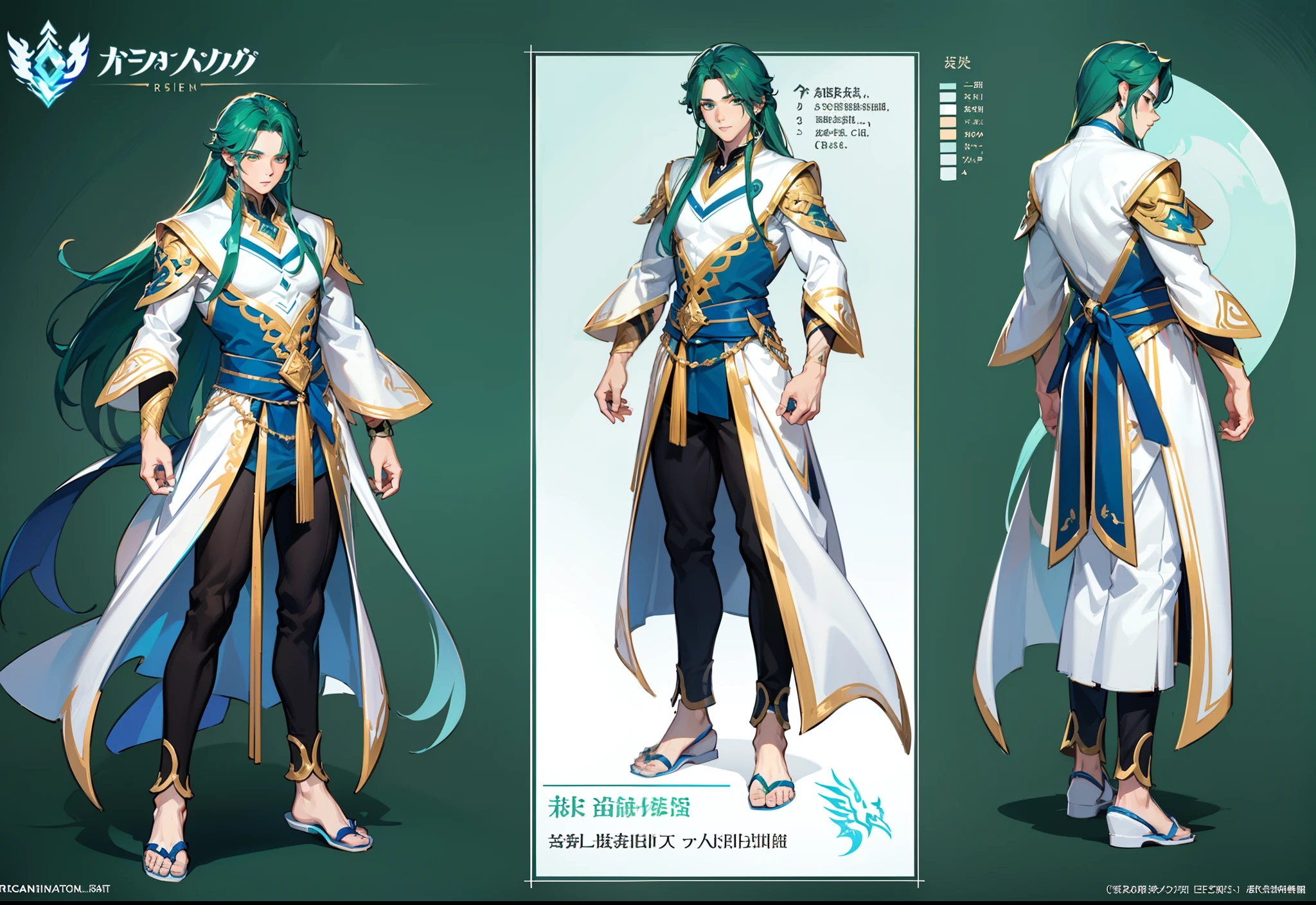 1boy, single, asian boy, reference sheet, character design, front angle, side angle, rear angle, dynamic poses, (masterpiece:1.2), (best quality:1.3), ice fantasy outfit, muscle body, athletic body. (Green eyes), (long hair), (long bangs), (green hair), (pale skin), (reference sheet:1.5), no text, no frame, no watermark