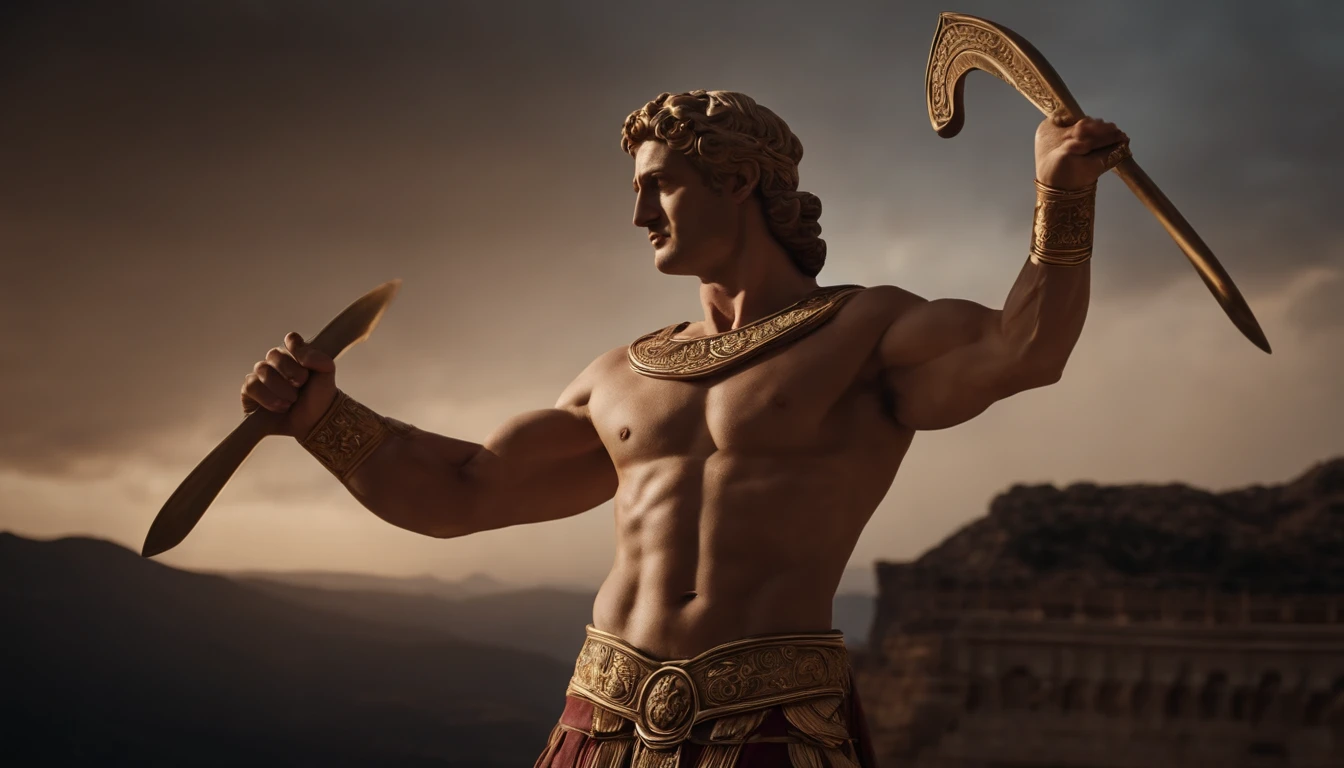 stoic gricki stock
which is historic greek status with
muscles in profile Hercules style
cinematic 8k and dark background