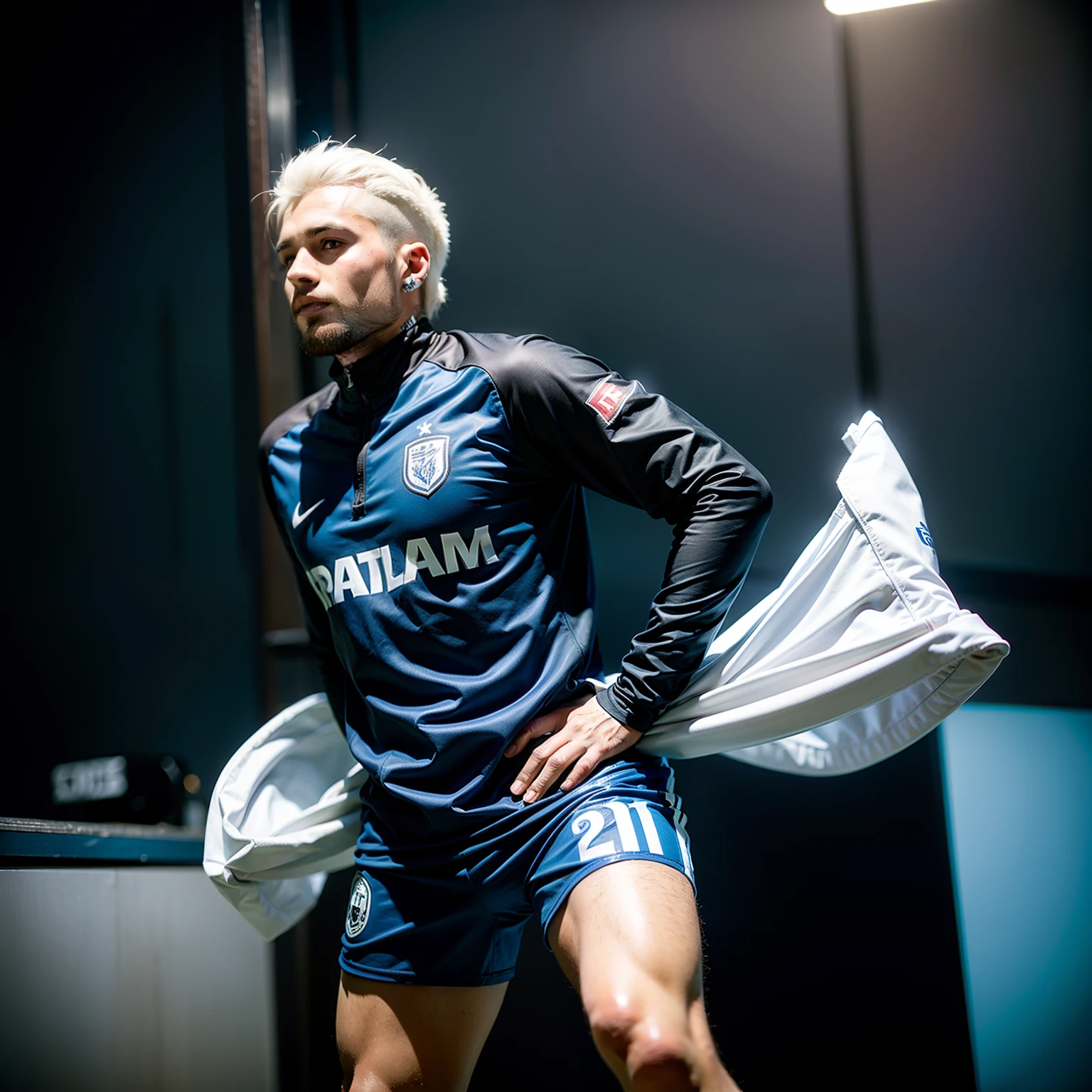 Homem Soccer Player Platinum hair with tattoos, in a blue club