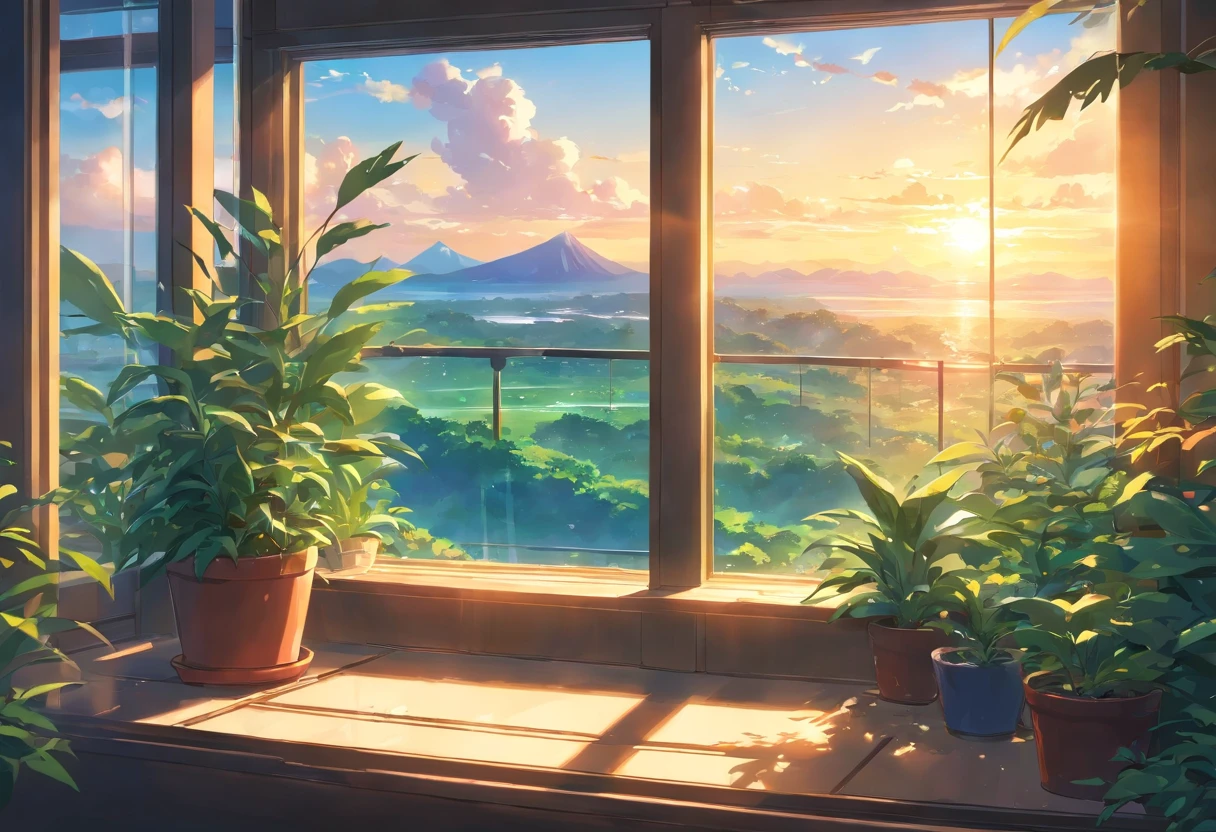 an exremely close up shot of a large window filled with plants is overlooking a breath taking and beautiful nature scenery, sunrise