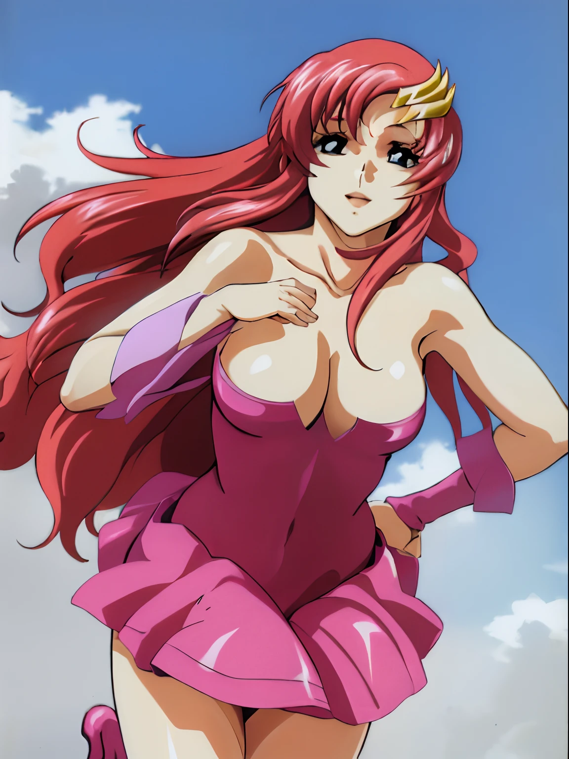 (masterpiece, 4K, Best Quality, Anime style: 1.9, bold drawing lines, High color saturation, Detailed face, tall, Adult Woman, lovely, (cloud background), Drawing lines, high resolution, Anime, lacus4), 1girl in, Solo, curvy figure, Long hair, 鎖骨, scapular, Wavy Hair, Detailed wide hair bangs, Hair Ornament, Detailed reddish-pink hair, cleavage, large hands, (Big blue eyes, shiny eyes), Smile, closed mouth, Very happy, ((closed fists)), (laughing, open mouth), ((medium breasts)), (((shiny pink strapless wrestling leotard))), (pink wrestling long boots), strong arms, biceps, rib lines, ((lean forward)), standing, (hands on hips), happy, bare shoulders, (exposed navel, shiny skin, exposed belly button area, bare hips)