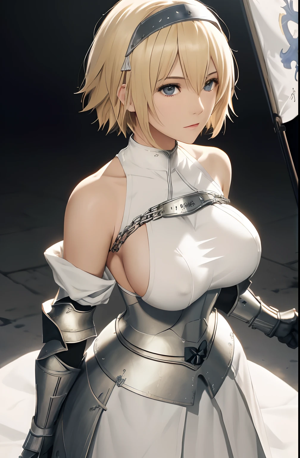 best quality, masterpiece,highly detailed,anime,1girl, adult face, mature face, mature female, mature woman, mature beauty, adult blonde, mature blonde,upper body,(jeanne d'arc),big breasts, large breasts, breast size 95cm, huge breasts, perfect face,blond hair,long hair,(white clothes),(bare shoulder),armored dress,no armor on breasts,breasts covered by white clothes from above,chain,headwear,flag,battlefield in background,depth of field,looking at viewer,cinematic lighting,