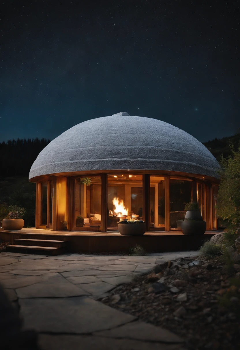 A beautiful colorful igloo with a fireplace in the center of the roof, one door and two windows, panneaux solaires, et une belle terrasse sur le toit , UHD, hyperdétails, milky way, Giant blue moon in the background, and shooting stars