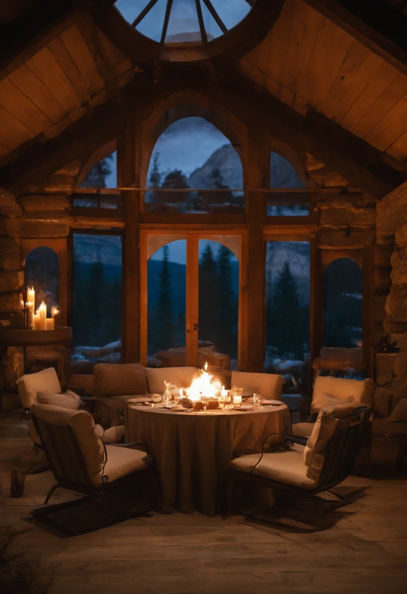 A beautiful colorful igloo with a fireplace in the center of the roof, one door and two windows, panneaux solaires, et une belle terrasse sur le toit , UHD, hyperdétails, milky way, Giant blue moon in the background, and shooting stars