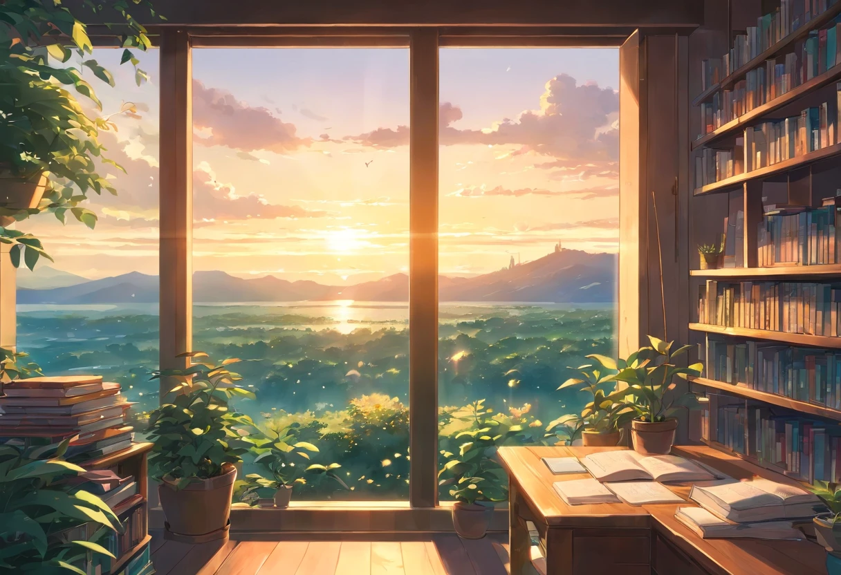 an exremely close up shot of a large window filled with plants and books is overlooking a breath taking and beautiful nature scenery, sunrise