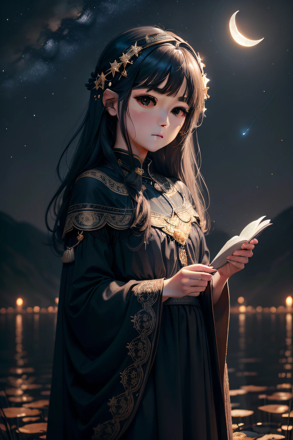 Create an illustration of a starry night sky in dark tones, with a crescent moon casting a soft silvery glow, A serene and mystical atmosphere, illustration, pintura digital, --ar 16:9 --v 5
