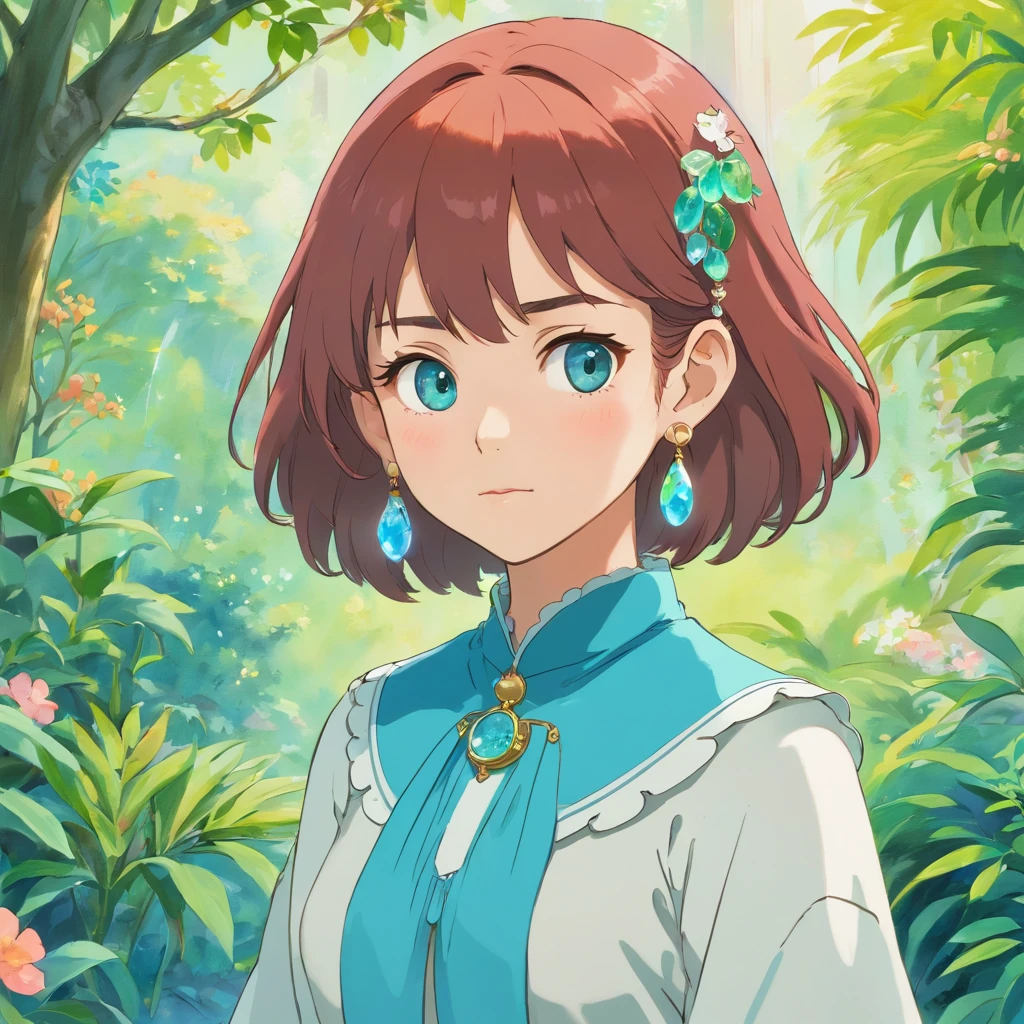 a girl wearing an anime collar, a long necklace and earrings, in the style of tranquil gardenscapes, colorful animation stills, masami teraoka, aquamarine, paul gauguin, Embry style, honest portrayal