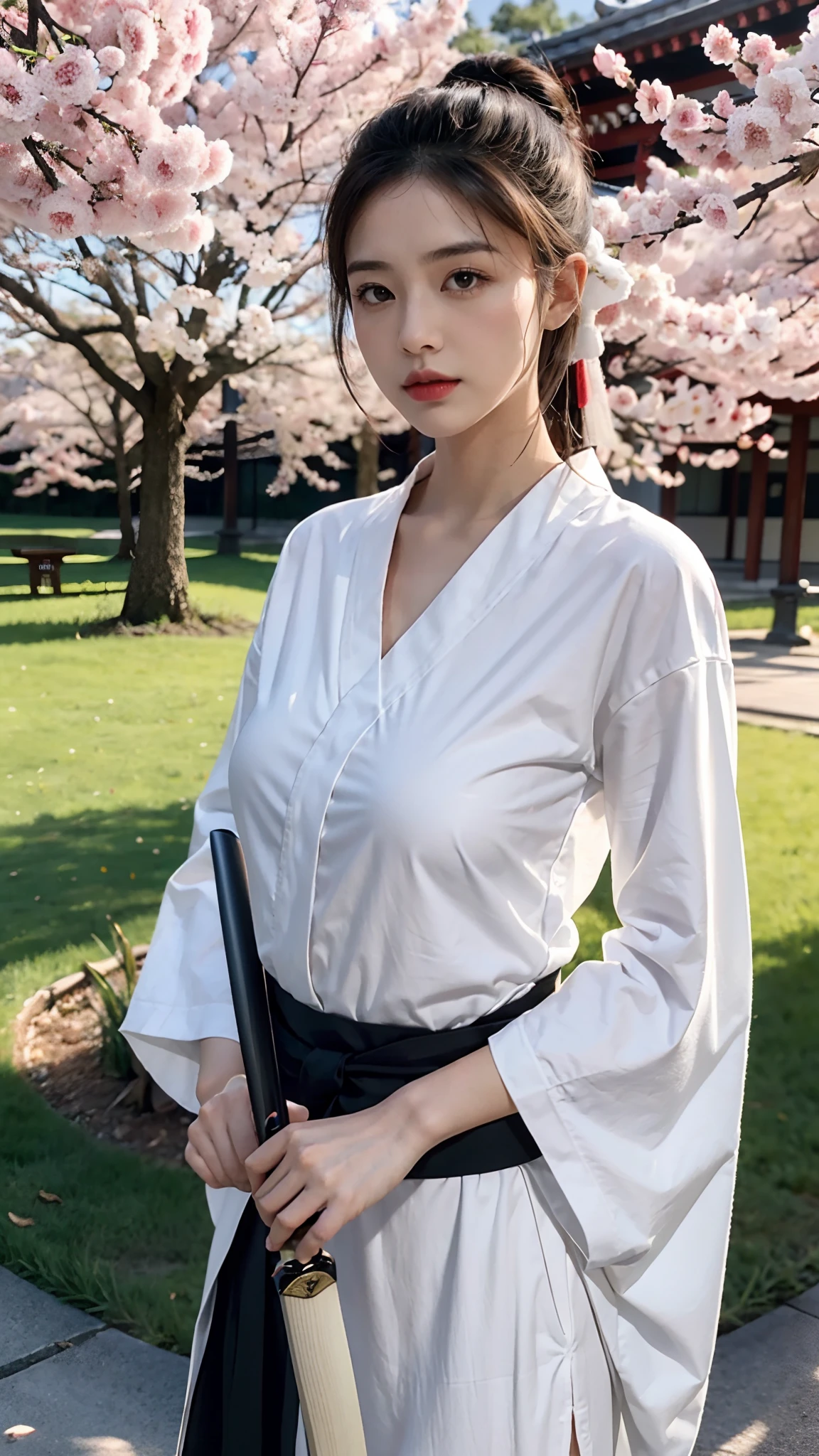 ((big underboob,Tomboyish,small heads)),  (short-length straighthair: 1.2), Black hair，Upper body,（极其细致的CG 8k壁纸），（Extremely refined and beautiful），（Masterpiece），（best qualtiy：1.0），（超高分辨率：1.0），beautiful light up，Perfect lightning，realistic shaded，[A high resolution]，Smooth and flawless fair skin，ultra - detailed ，(giantic breasts:1.1)，huge chest，plump figure，slender waist，serious，Mighty，（seven quarter sleeved white kendogi:1.1），（maxi red kendo hakama：1.1），white short socks, geta，spring,night，a tall huge Japanese castle，sakura blooms，standing，outside，Tree-lined roadsides，Close-up，(a long scabbard samurai katana:1.1)，Holding the katana handle with both hands，Wielding the samurai katana