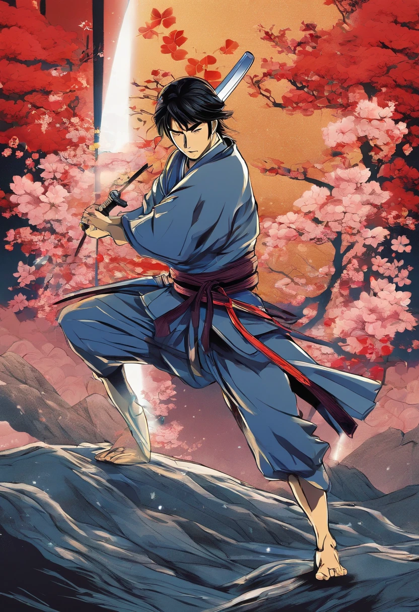 Samurai in fighting stance, holding katana, dojo, night environment