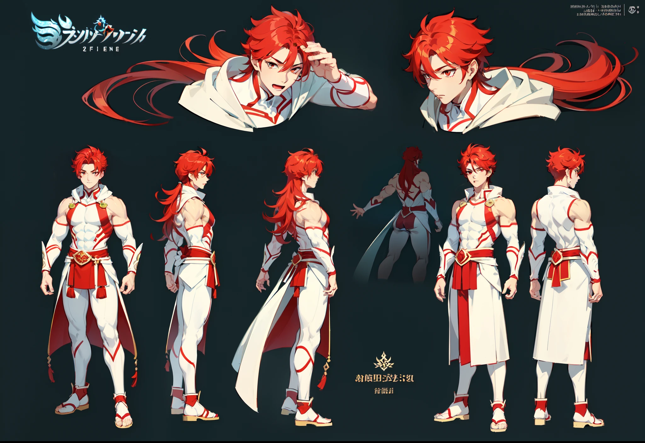 1boy, single, asian boy, reference sheet, character design, front angle, side angle, rear angle, dynamic poses, (masterpiece:1.2), (best quality:1.3), ice fantasy outfit, muscle body, athletic body. (Red eyes), (long hair), (long bangs), (red hair), (pale skin), (reference sheet:1.5), foxy nine tail, no text, no watermark, no letters