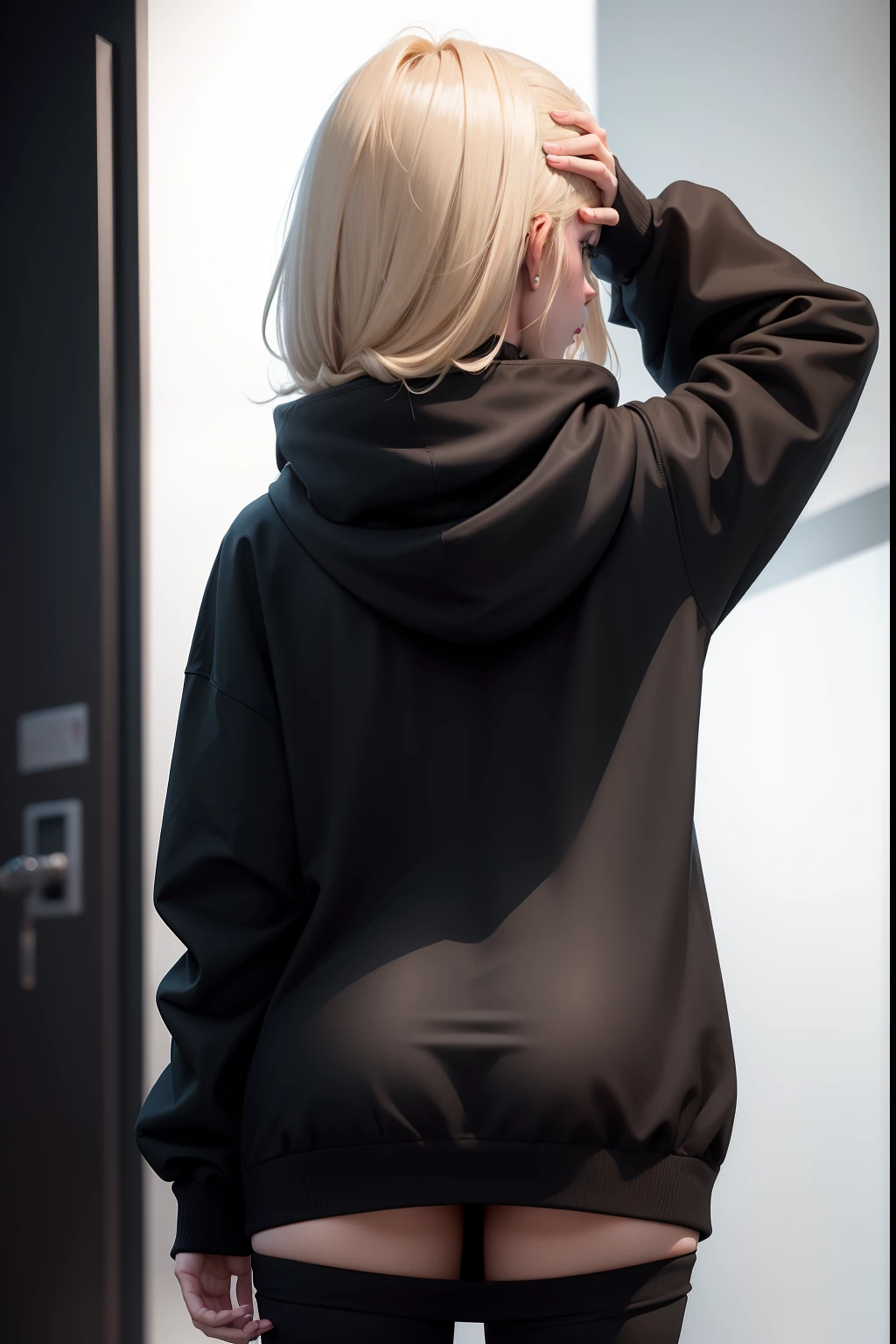 blonde girl 25 years old, with bob bob hairstyle in a black hoodie, standing with her back to the camera, in a black hoodie, in a black hoodie, Black hoodie, A girl in a hoodie, a black hoodie, A photo of a woman in the field of clothing, In an oversize hoodie, Wearing a black hoodie hooded, hooded sweatshirt, rear view, black clothing, long-range blow from the back, back - view, white background white background around