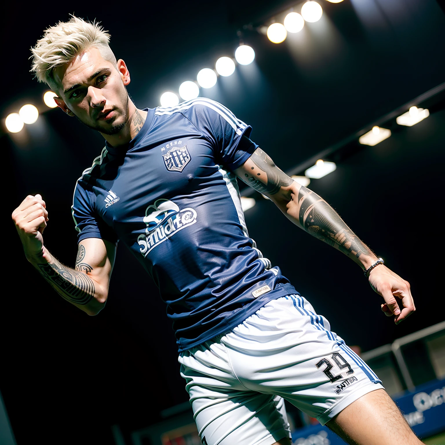 Homem Soccer Player Platinum hair with tattoos, in a blue club, Training on the field