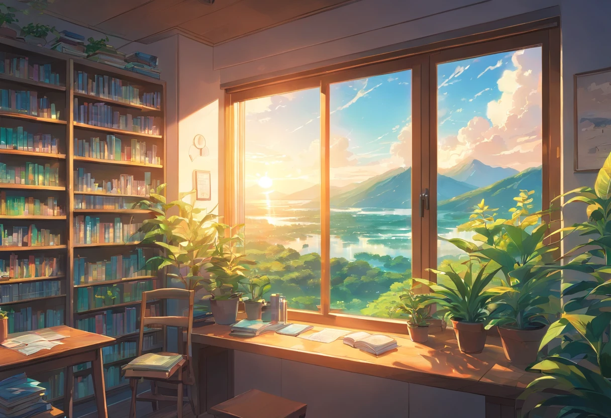 an exremely close up shot of a large window filled with plants and books is overlooking a breath taking and beautiful nature scenery, sunrise