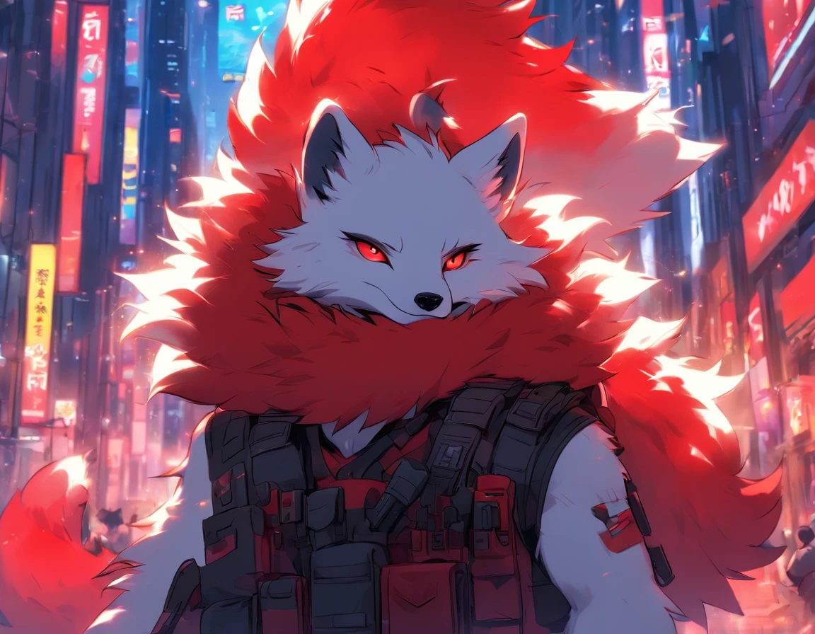 high detail, hyper quality, High Resolution, 1080p, 独奏, Furry, (Male Arctic Fox: 1), (Red fur: 1.3), blue skin, white ears, red-eyes, sharp claws, (furry tail: 1.2), (Carrying soldier's equipment)), Wearing bulletproof vests, ((Wearing soldier's helmets)), Against the backdrop of futuristic cities, Detailed backstory of Arttstion Pixiv, Furry, Fursona in stylish clothes, with red fur and two tails, Detailed fan art, digital art on pixiv, anime artstyle