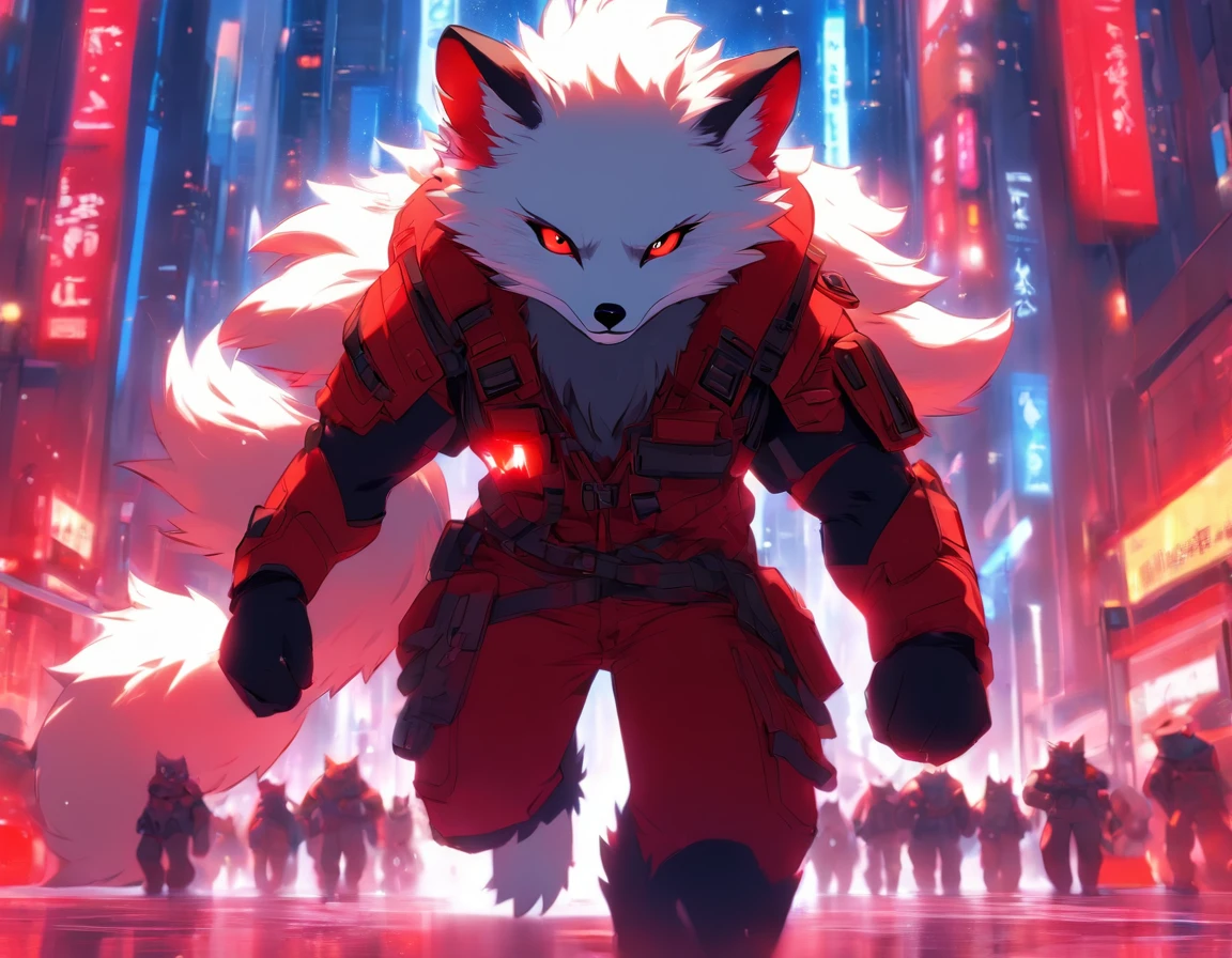 high detail, hyper quality, High Resolution, 1080p, 独奏, Furry, (Male Arctic Fox: 1), (Red fur: 1.3), blue skin, white ears, red-eyes, sharp claws, (furry tail: 1.2), (Carrying soldier's equipment)), Wearing bulletproof vests, ((Wearing soldier's helmets)), Against the backdrop of futuristic cities, Detailed backstory of Arttstion Pixiv, Furry, Fursona in stylish clothes, with red fur and two tails, Detailed fan art, digital art on pixiv, anime artstyle