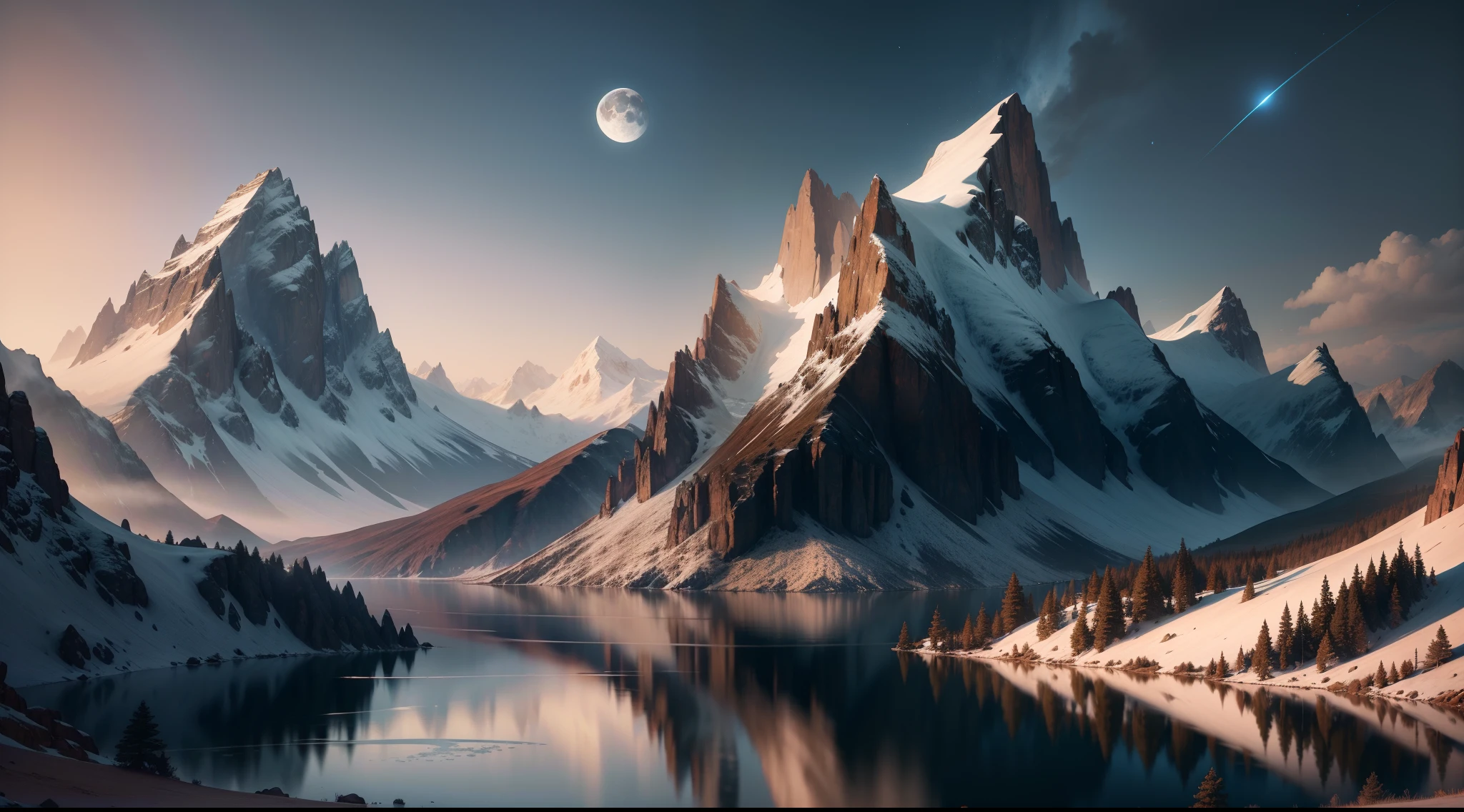 mountains and a lake with a moon in the sky, 4k highly detailed digital art, 4 k hd wallpaper very detailed, impressive fantasy landscape, sci-fi fantasy desktop wallpaper, unreal engine 4k wallpaper, 4k detailed digital art, sci-fi fantasy wallpaper, epic dreamlike fantasy landscape, 4k hd matte digital painting, 8k stunning artwork