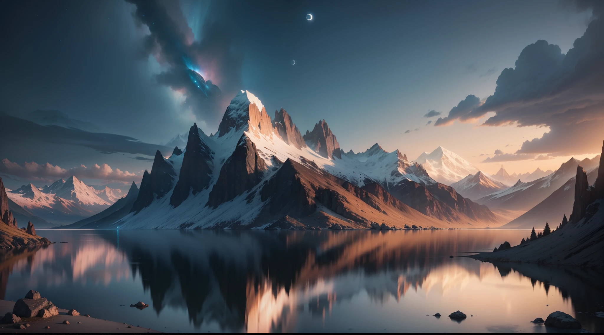 mountains and a lake with a moon in the sky, 4k highly detailed digital art, 4 k hd wallpaper very detailed, impressive fantasy landscape, sci-fi fantasy desktop wallpaper, unreal engine 4k wallpaper, 4k detailed digital art, sci-fi fantasy wallpaper, epic dreamlike fantasy landscape, 4k hd matte digital painting, 8k stunning artwork