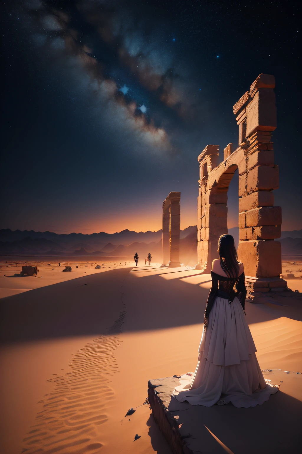 Create an illustration of a night sky over a desolate desert, as estrelas brilhando intensamente, the silhouette of ancient ruins in the foreground, a sense of loneliness and timeless beauty, illustration, mixed media on textured paper, --ar 16:9 --v 5