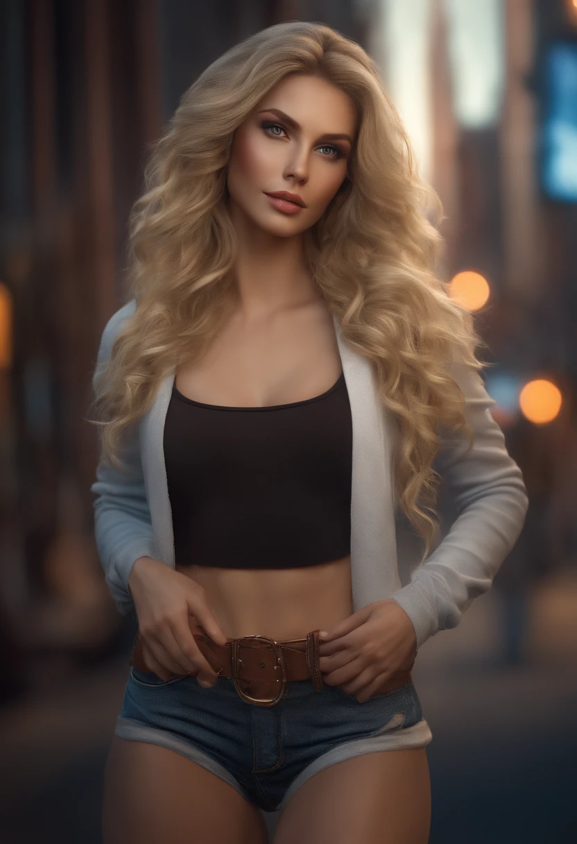 gorgeous woman with extra long wavy blonde hair, detailed alluring eyes, long sexy legs, wearing tiny shorts, t-shirt, ((detailed facial features)), (finely detailed skin), pale skin, realistic skin texture, extreme skin details, (pores:0.1), in the background beautiful futuristic cyberpunk city, best quality masterpiece, photorealistic, hyperrealistic, detailed, 8k, HDR, (Soft color: 1.2), shallow depth of field, broad light, high contrast, backlighting, bloom, light sparkles, chromatic aberration, sharp focus, RAW color photo