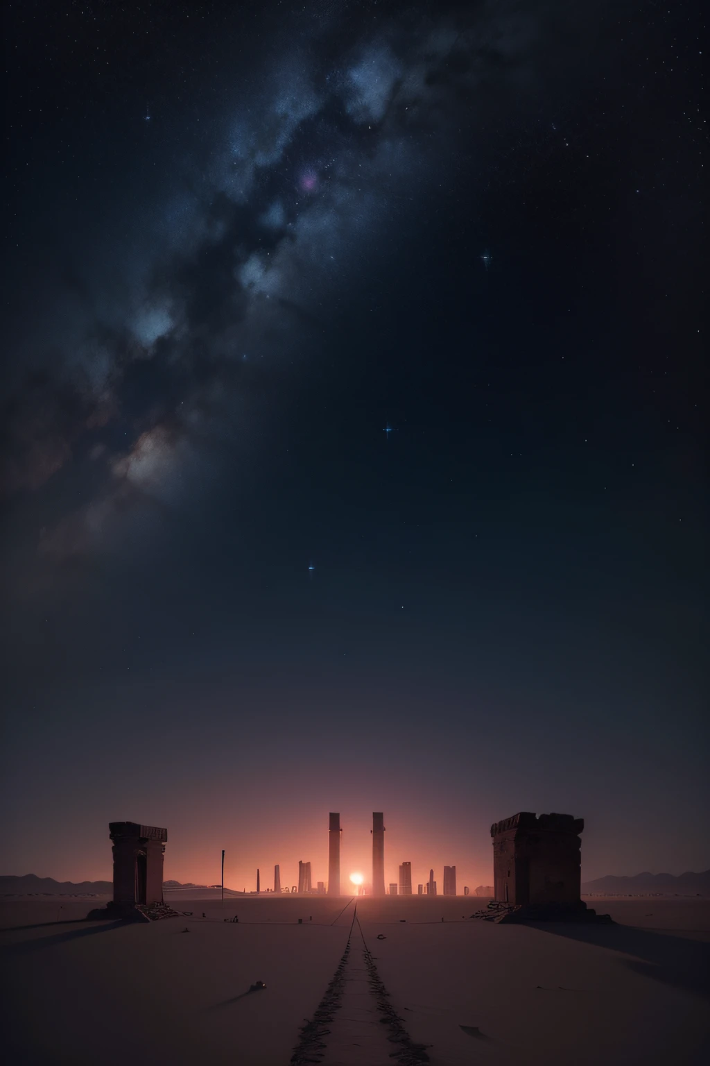 Create an illustration of a night sky over a desolate desert, as estrelas brilhando intensamente, the silhouette of ancient ruins in the foreground, a sense of loneliness and timeless beauty, illustration, mixed media on textured paper, --AR 16:9 --V 5