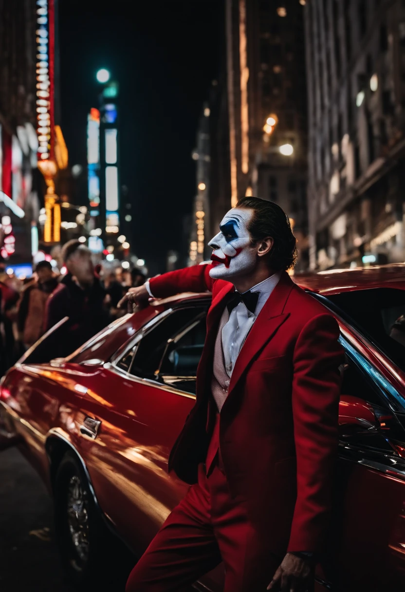 New York City at night、In the crowd、movie、Joker Filming Locations、On the car、dance、Red suit、Joker Makeup、middle aged man、dark ambiance、