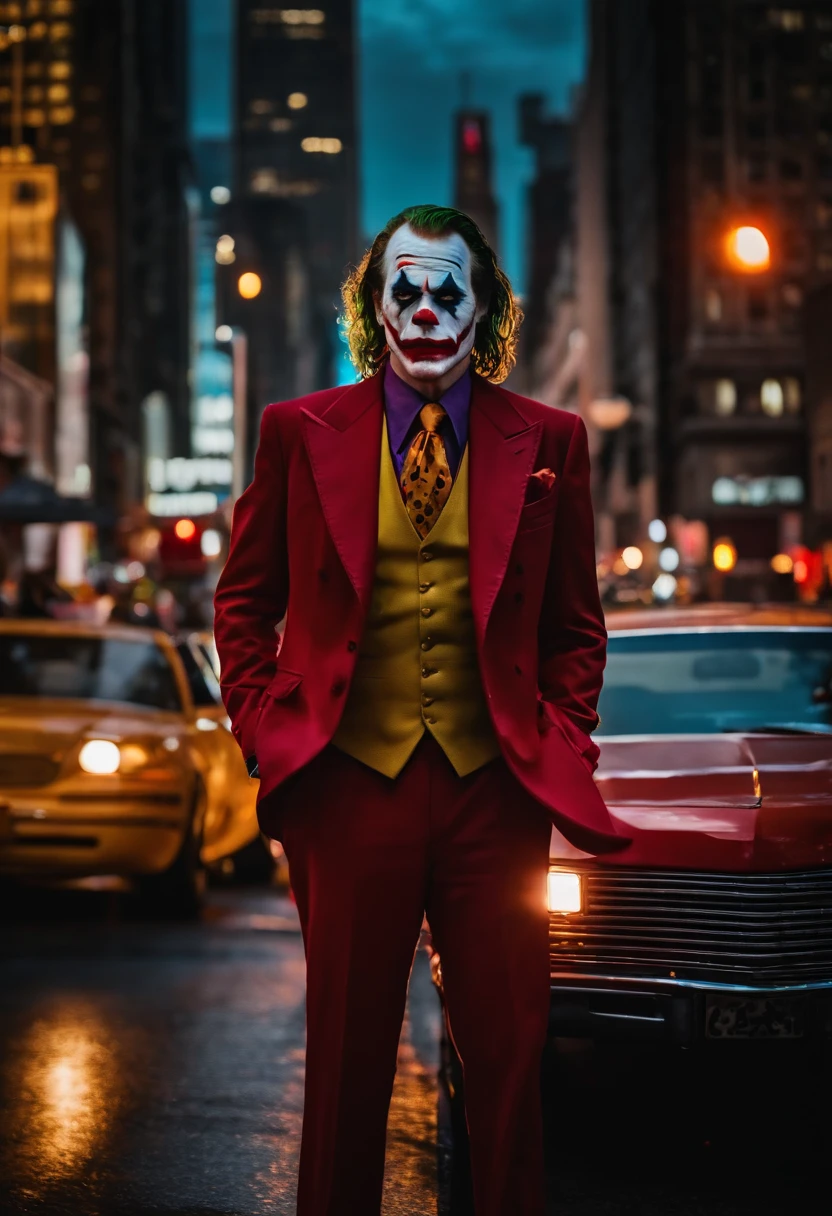 New York City at night、In the crowd、movie、Joker Filming Locations、On the car、dance、Red suit、Joker Makeup、middle aged man、dark ambiance、