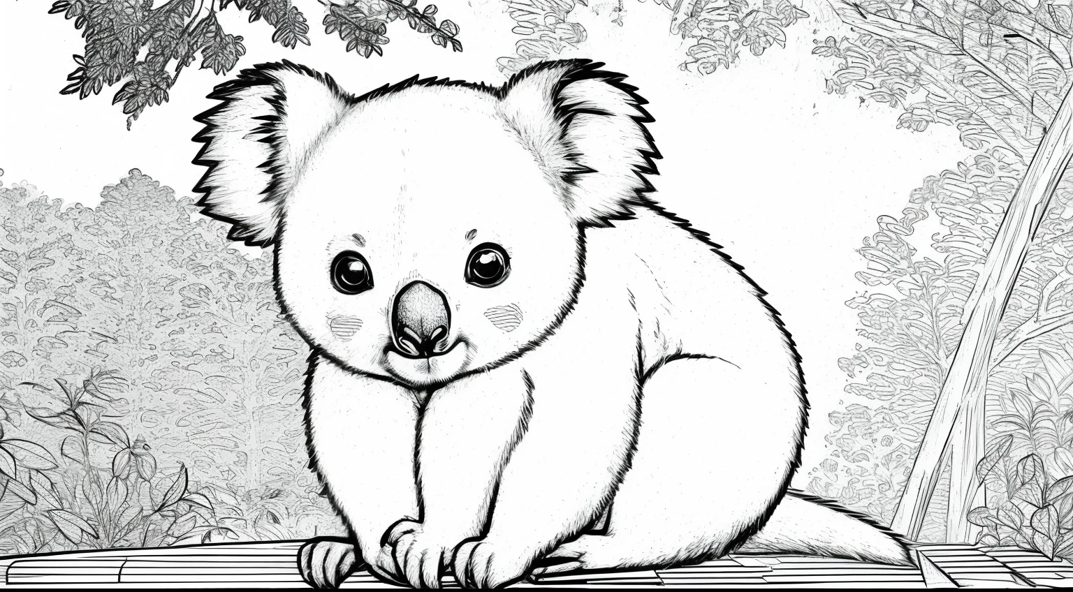 Cute Koala coloring book for children, kids, coloring page style, line art, black and white, clear, sharp, high quality, manga style, manga art style, pencil and ink caricature drawing, black and white coloring