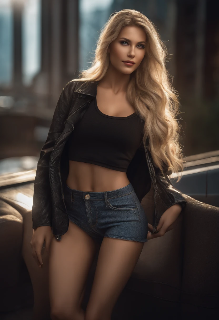 gorgeous woman with extra long wavy blonde hair, detailed alluring eyes, long sexy legs, wearing tiny shorts, t-shirt, ((detailed facial features)), (finely detailed skin), pale skin, realistic skin texture, extreme skin details, (pores:0.1), in the background beautiful futuristic cyberpunk city, best quality masterpiece, photorealistic, hyperrealistic, detailed, 8k, HDR, (Soft color: 1.2), shallow depth of field, broad light, high contrast, backlighting, bloom, light sparkles, chromatic aberration, sharp focus, RAW color photo