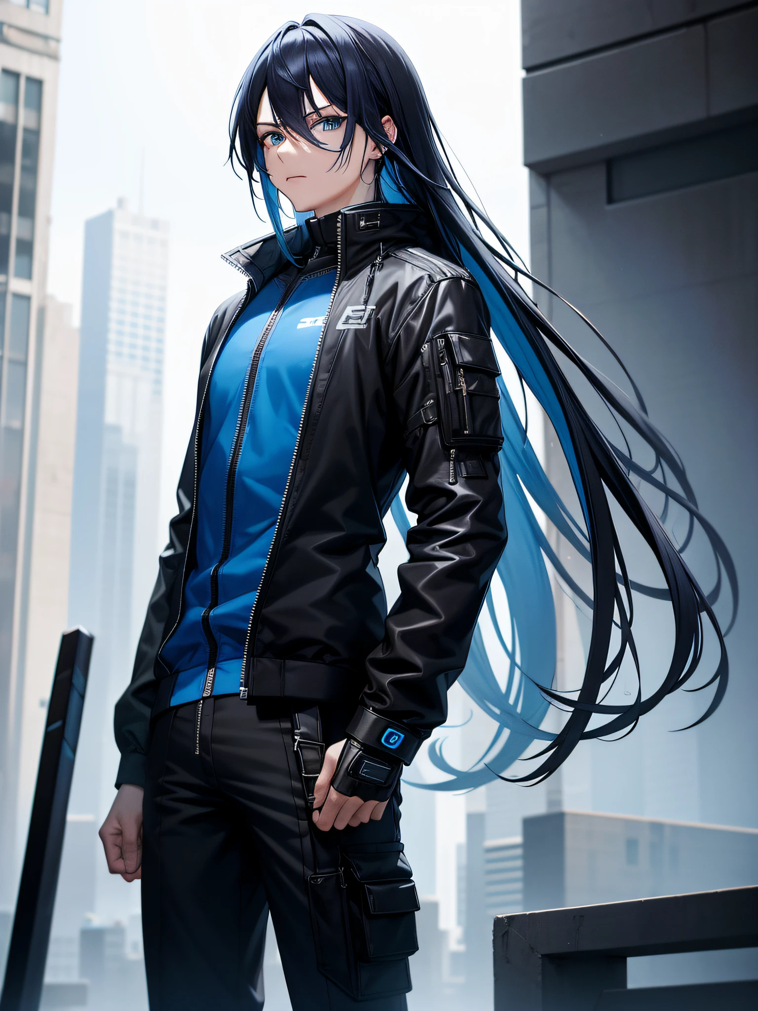 8k, expressive clothing, expressive hair, expressive background, 1 male, long blue hair, blue eyes, black and blue techwear suit, black pants, adult, serious, cyberpunk, future
