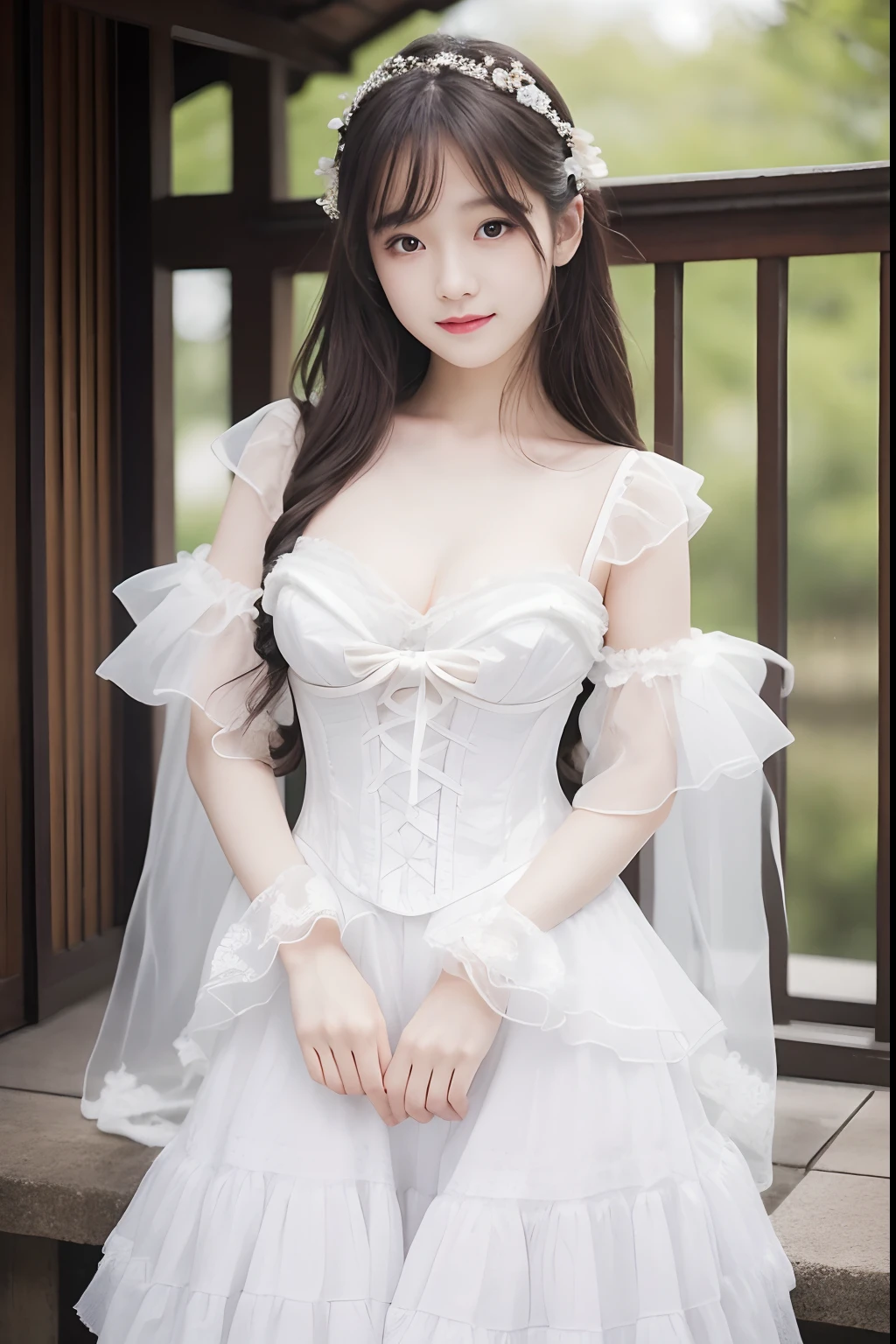 8K.Top image quality、１６age、Cute female idol in Japan、A slight smil,frilly outfit, Lori, light milky white porcelain skin, pale snow-white skin, sha xi, 2263539546], elegant corset, fairycore, shikamimi,  in dress, ethereal and dreamy, dreamy and ethereal, lovely languid princess